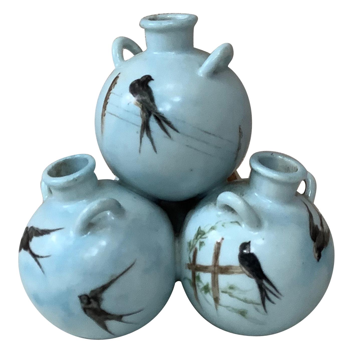 Französische Dreifach-Vase Schwalben, um 1900