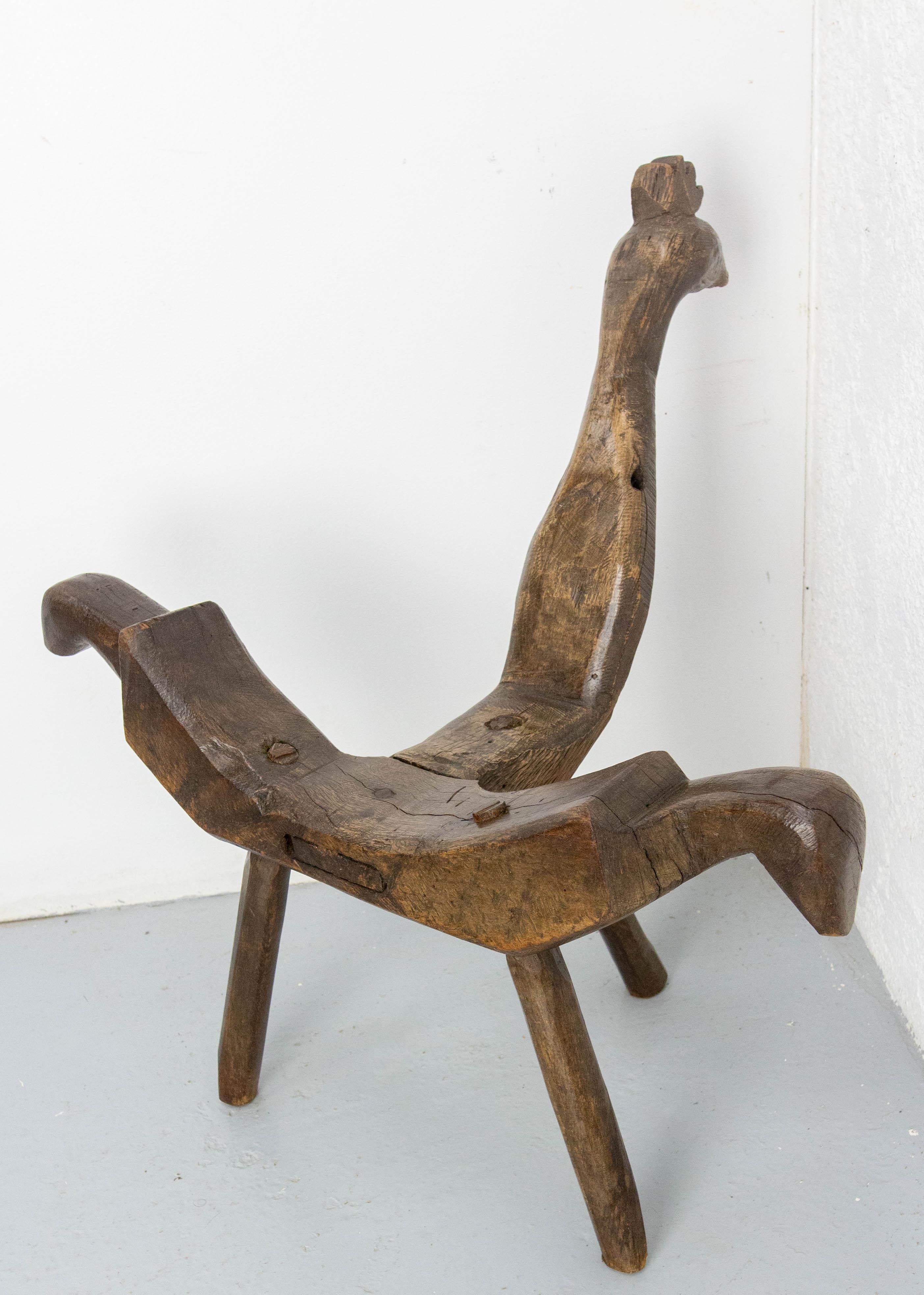 Chaise de montagne à trois pieds en bois, France
Cet objet très ancien est sculpté en forme d'oiseau imaginaire. 
La crête, le bec et les yeux sont clairement visibles en haut du dossier de la chaise. Des plumes sont également sculptées le long du