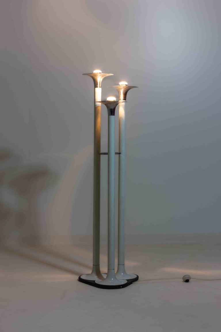 French tripod floor lamp with trumpet shades in chrome and enamel