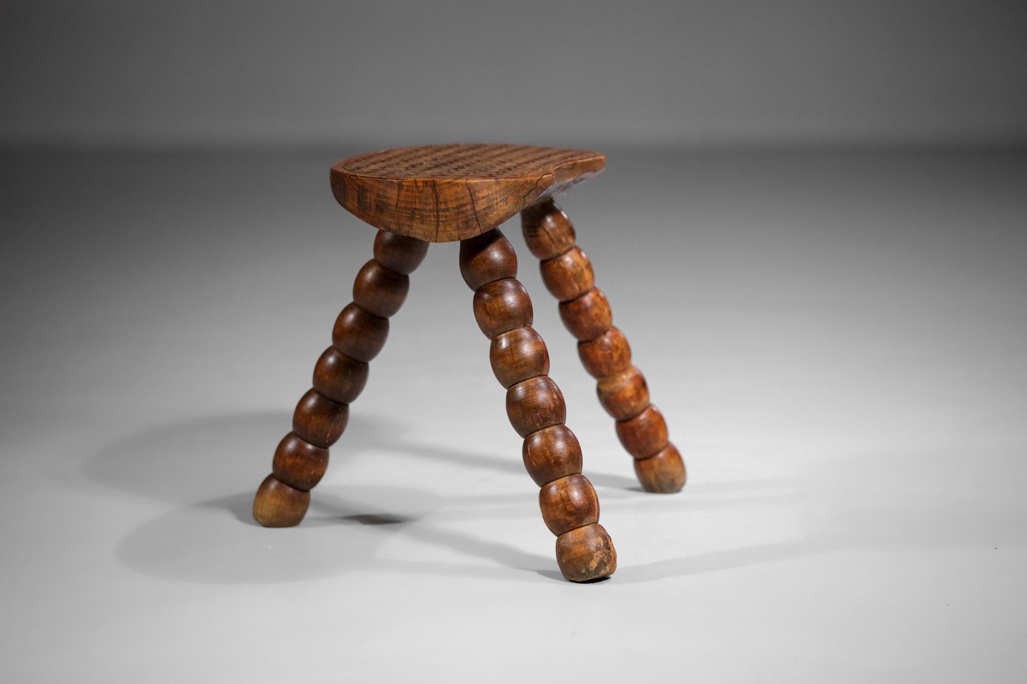 French Tripod Stool from the 50's Handcrafted Solid Oak Artisanal Hand CraftF330 4