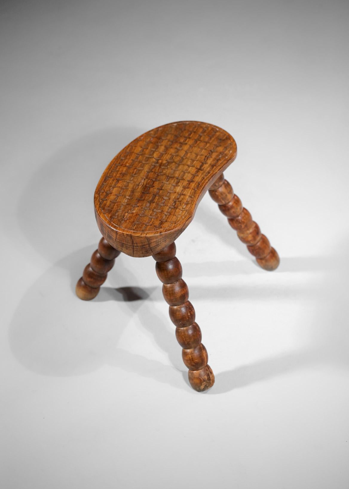 French Tripod Stool from the 50's Handcrafted Solid Oak Artisanal Hand CraftF330 5