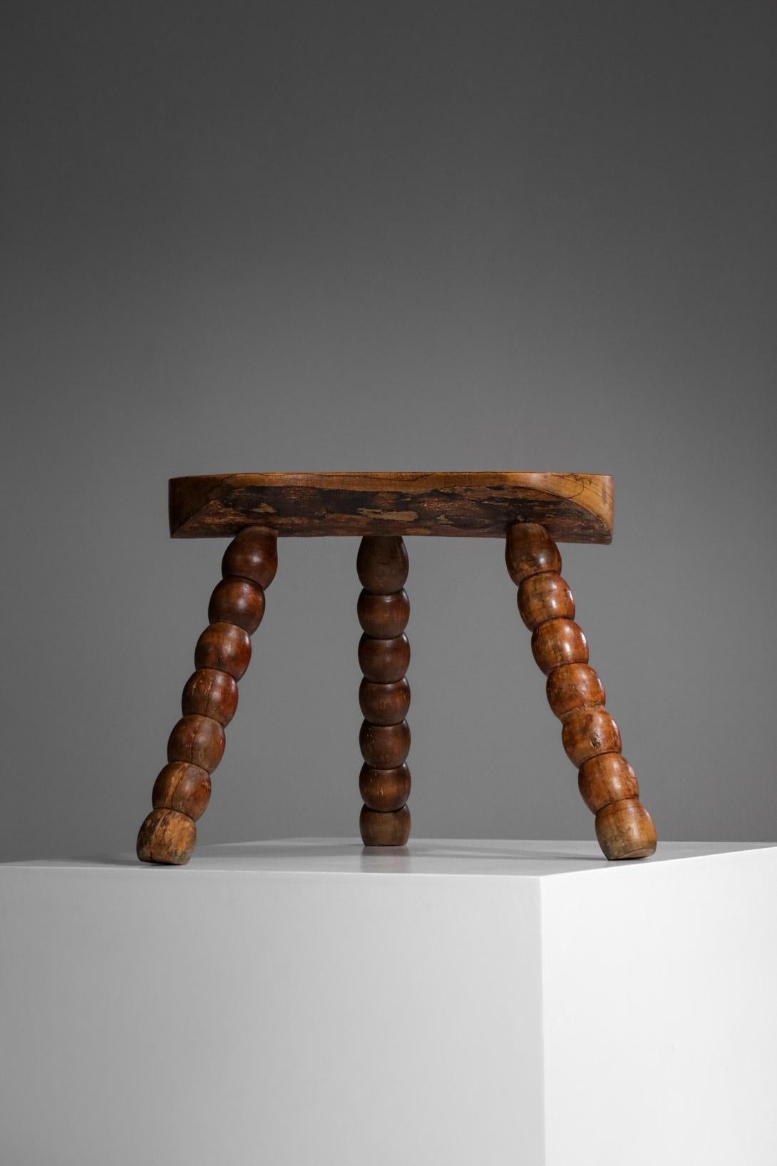 Campaign French Tripod Stool from the 50's Handcrafted Solid Oak Artisanal Hand CraftF330