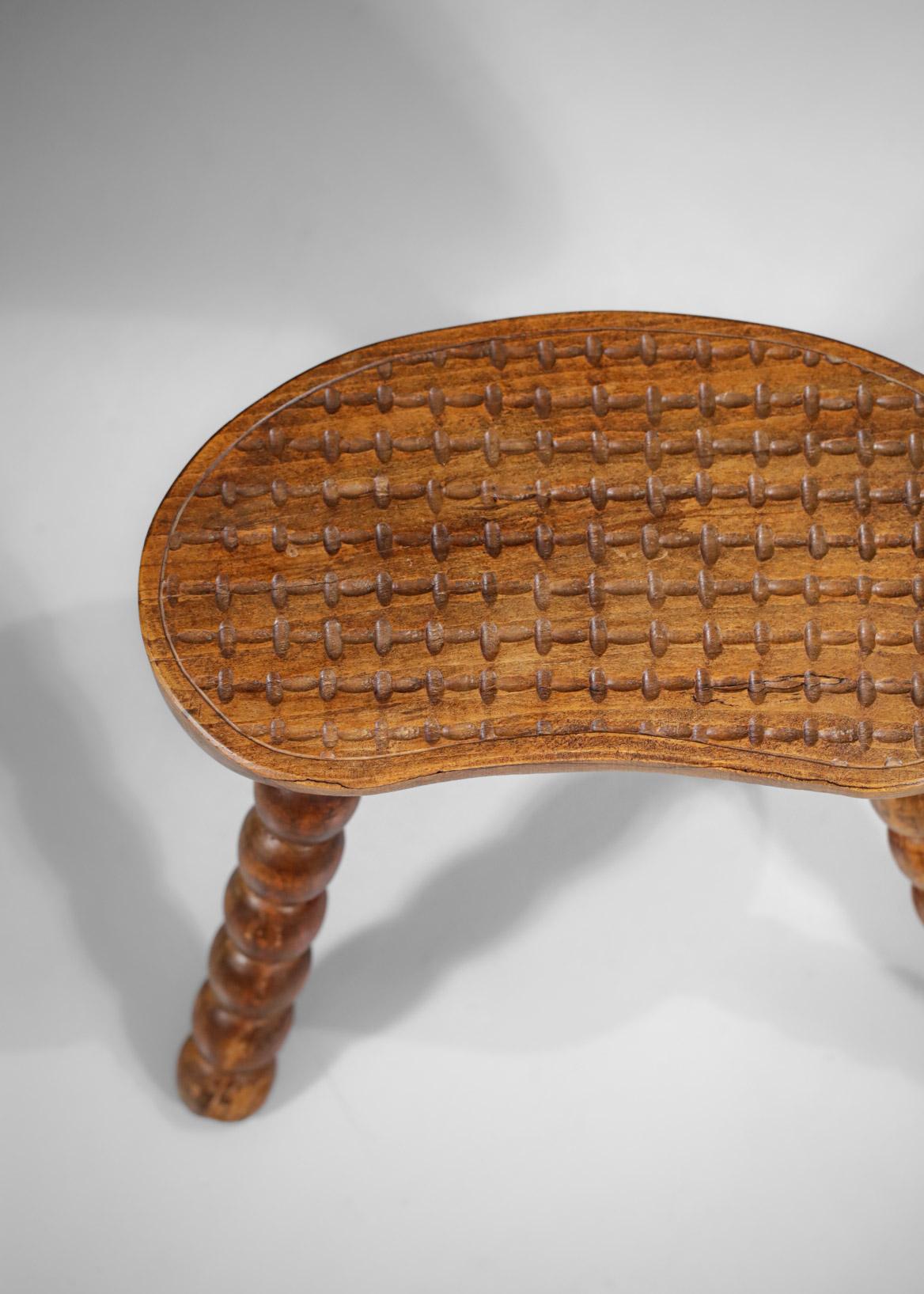 Hand-Carved French Tripod Stool from the 50's Handcrafted Solid Oak Artisanal Hand CraftF330