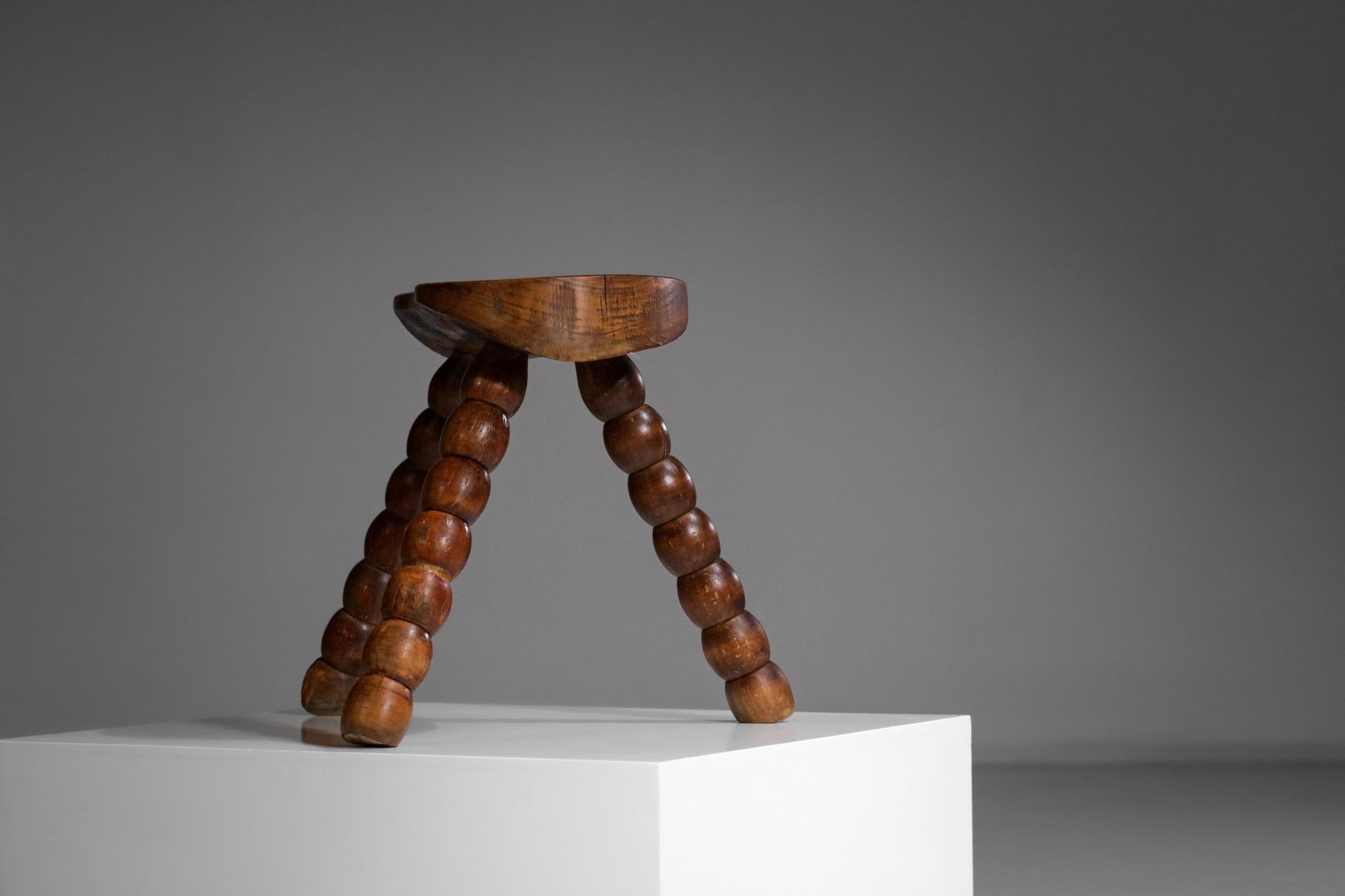 Mid-20th Century French Tripod Stool from the 50's Handcrafted Solid Oak Artisanal Hand CraftF330