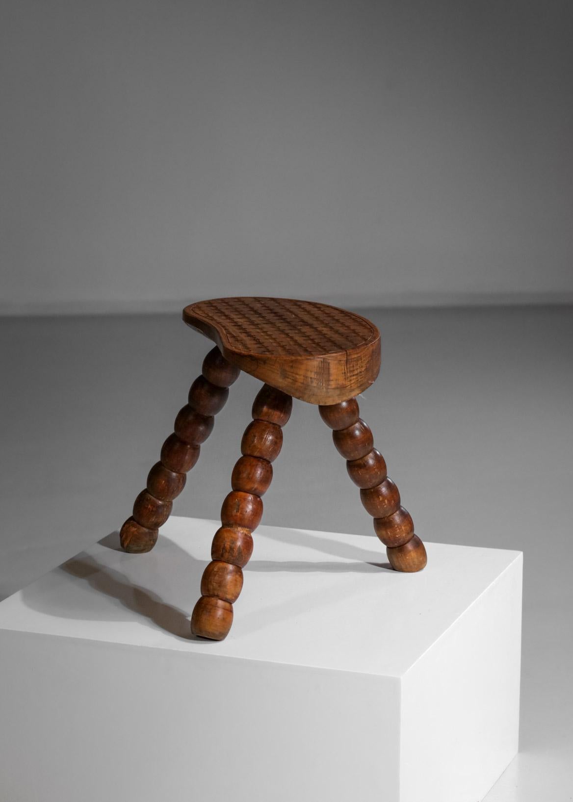 French Tripod Stool from the 50's Handcrafted Solid Oak Artisanal Hand CraftF330 1