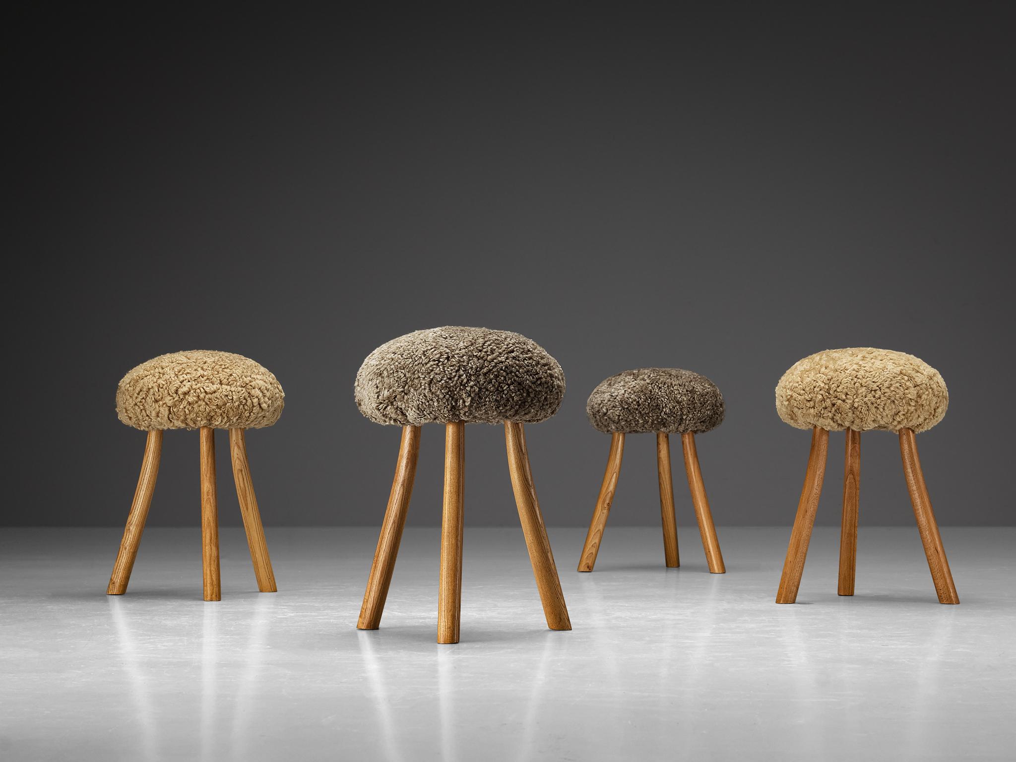 Mid-Century Modern French Tripod Stools in Solid Elm Upholstered in Shearling Wool  For Sale