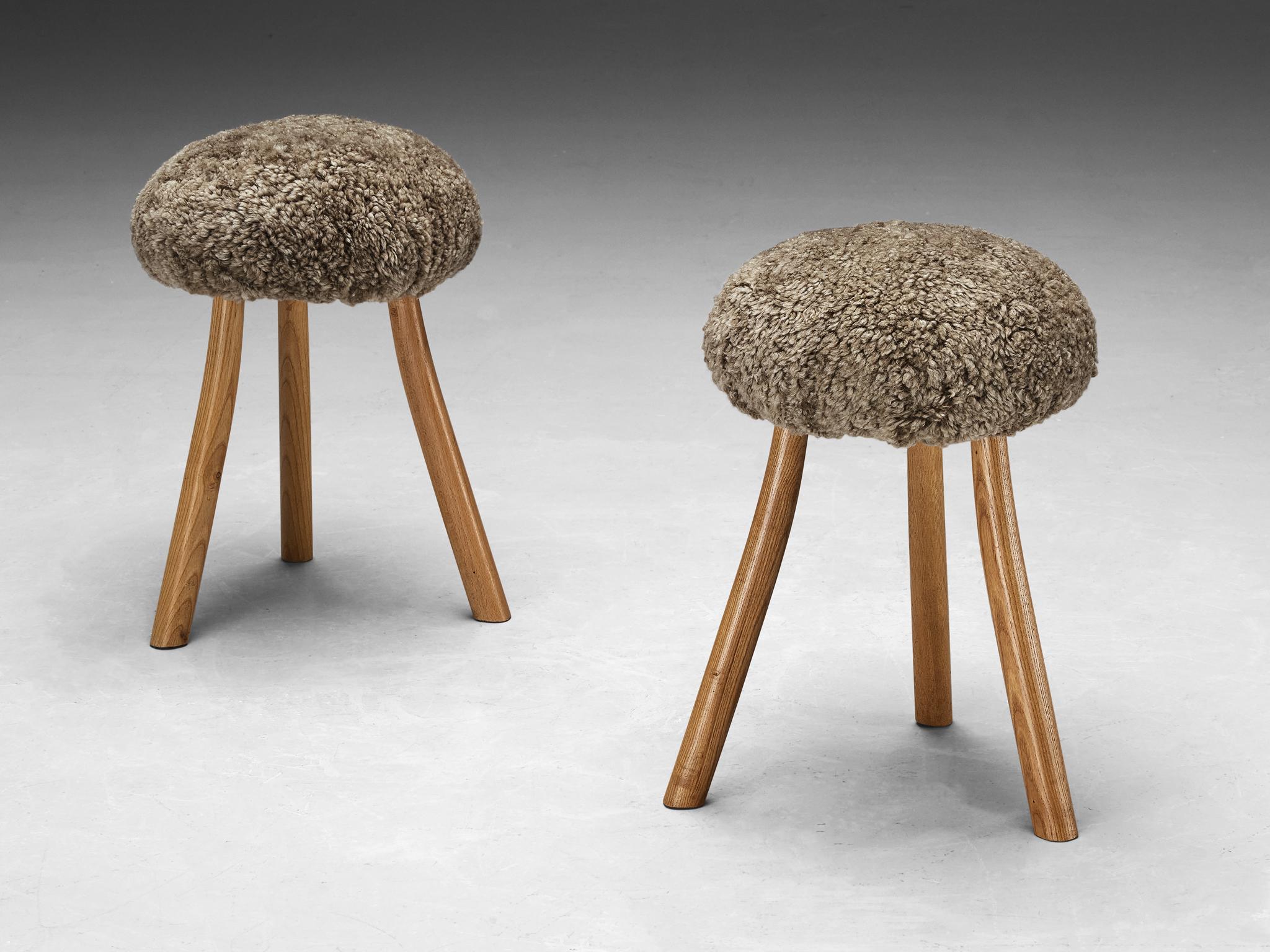 Late 20th Century French Tripod Stools in Solid Elm Upholstered in Shearling Wool  For Sale