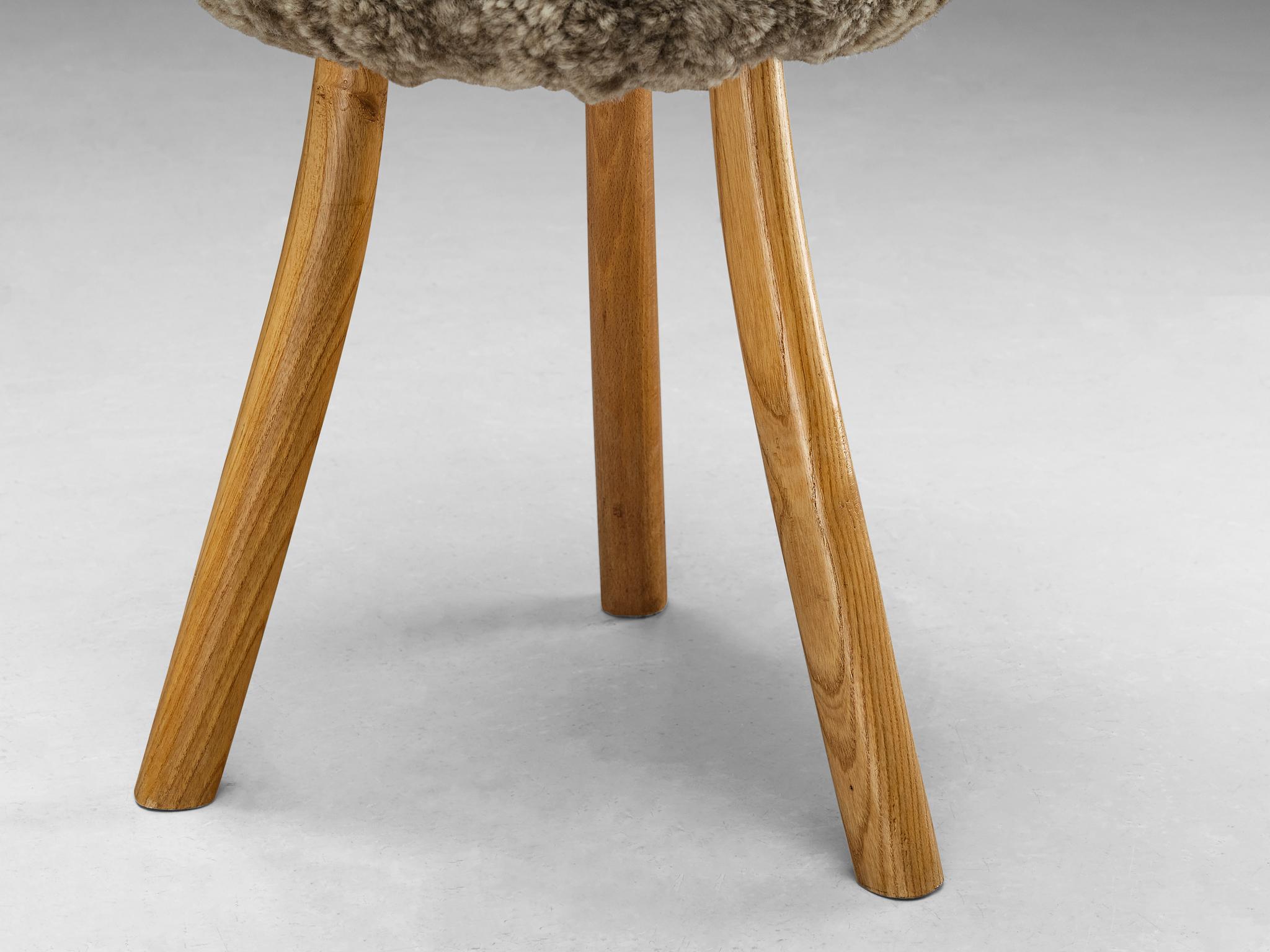 French Tripod Stools in Solid Elm Upholstered in Shearling Wool  For Sale 1