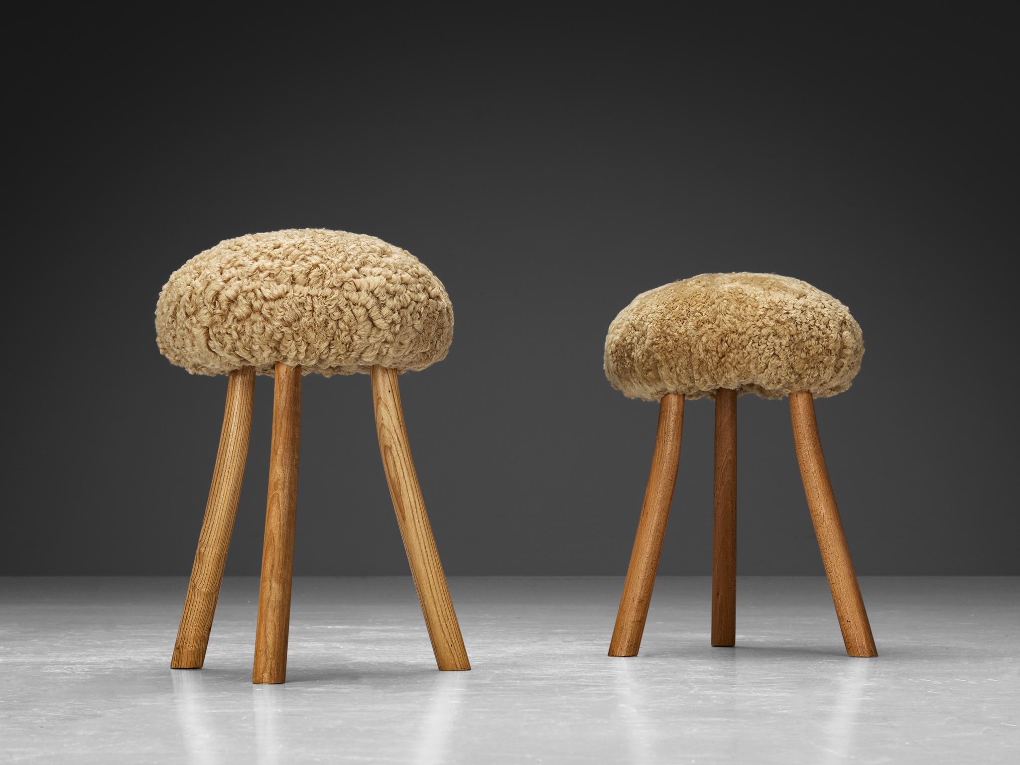 French Tripod Stools in Solid Elm Upholstered in Shearling Wool  For Sale 2