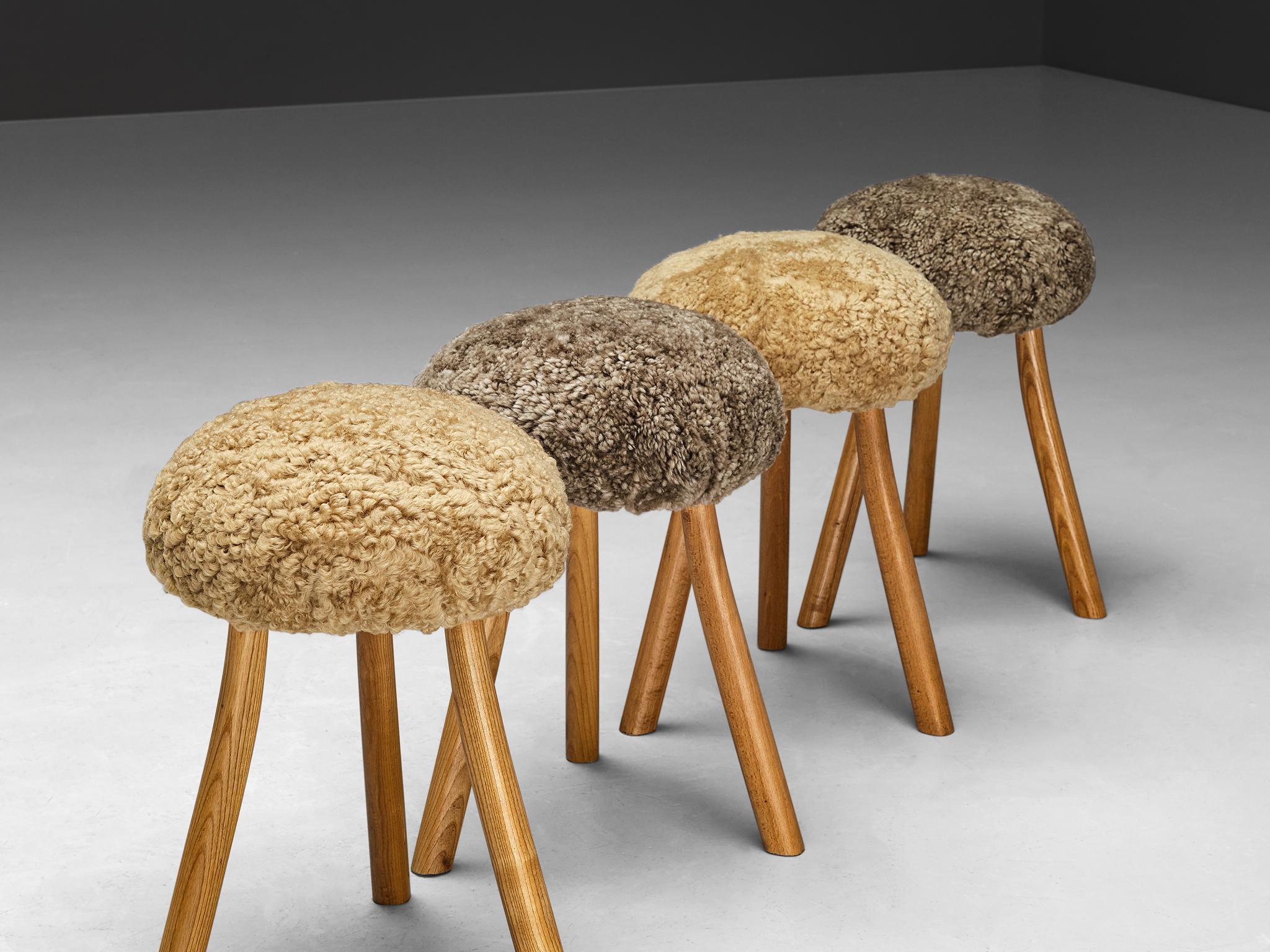 French Tripod Stools in Solid Elm Upholstered in Shearling Wool  For Sale 3