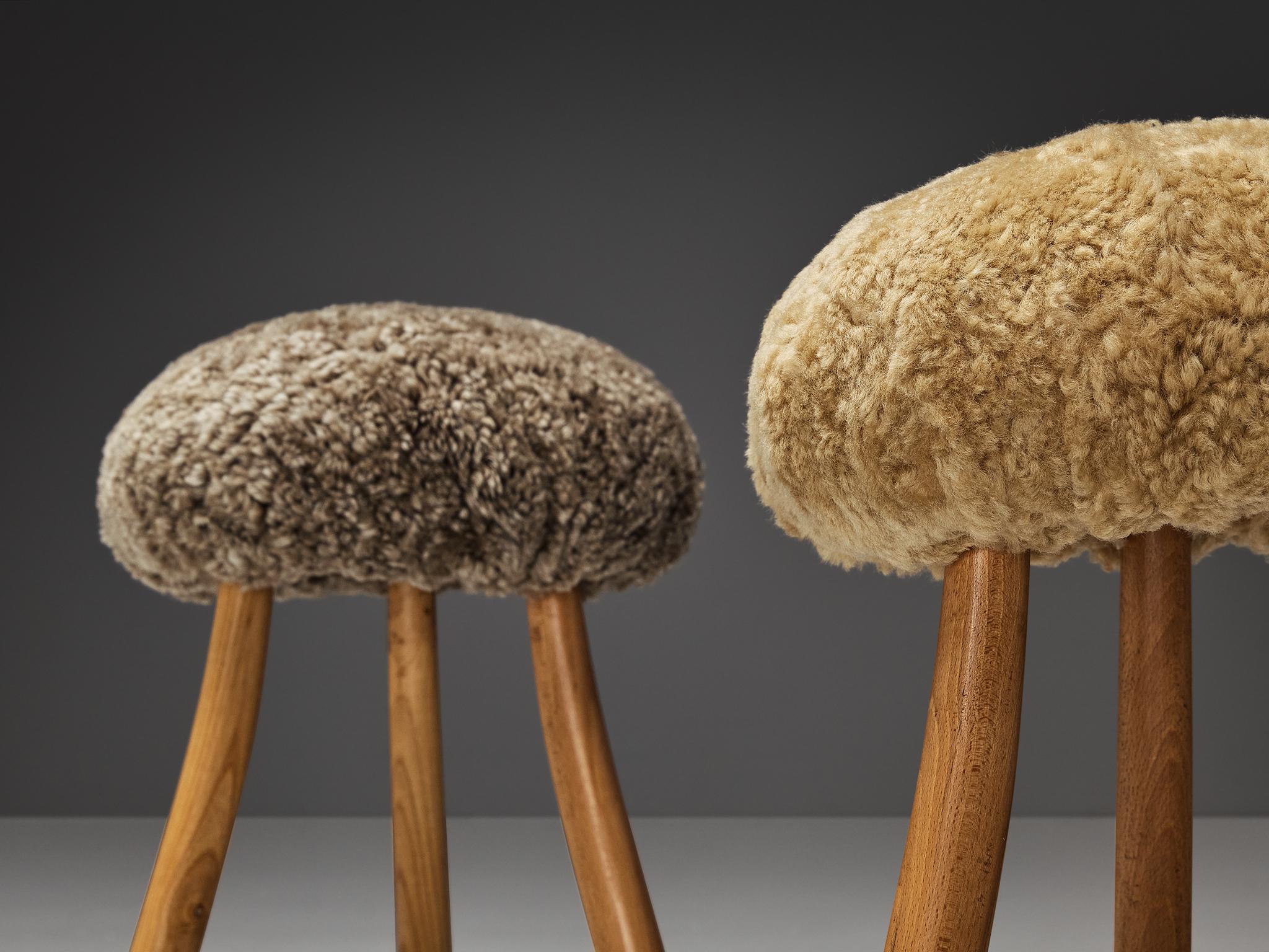 French Tripod Stools in Solid Elm Upholstered in Shearling Wool  For Sale 4