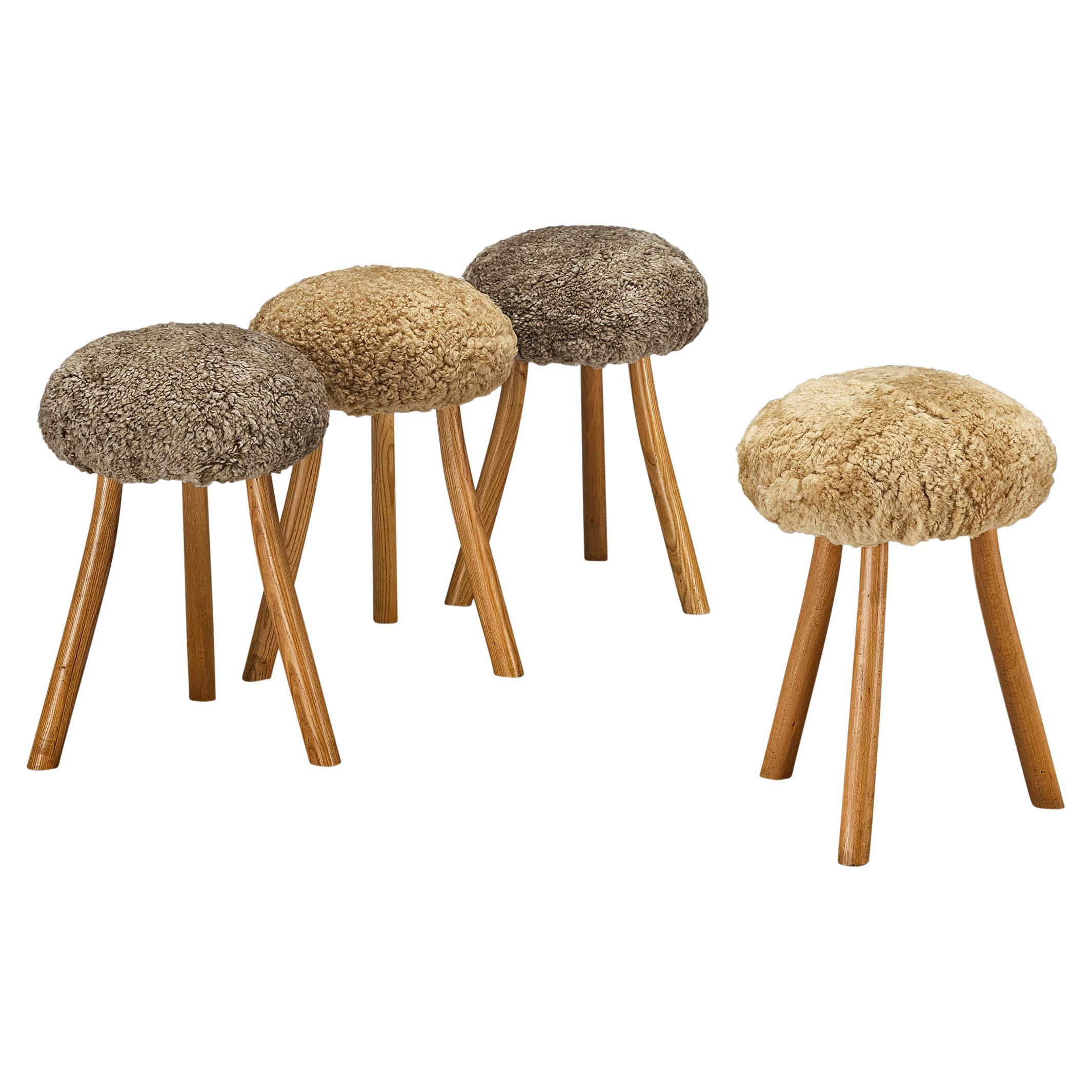 French Tripod Stools in Solid Elm Upholstered in Shearling Wool 