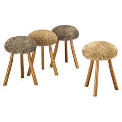French Tripod Stools in Solid Elm Upholstered in Shearling Wool 
