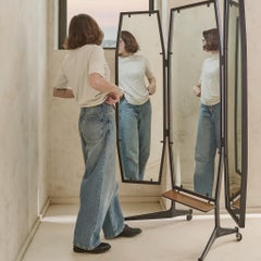 Miroir sur pied « Triptyque français Psyché » à roulettes, années 1960