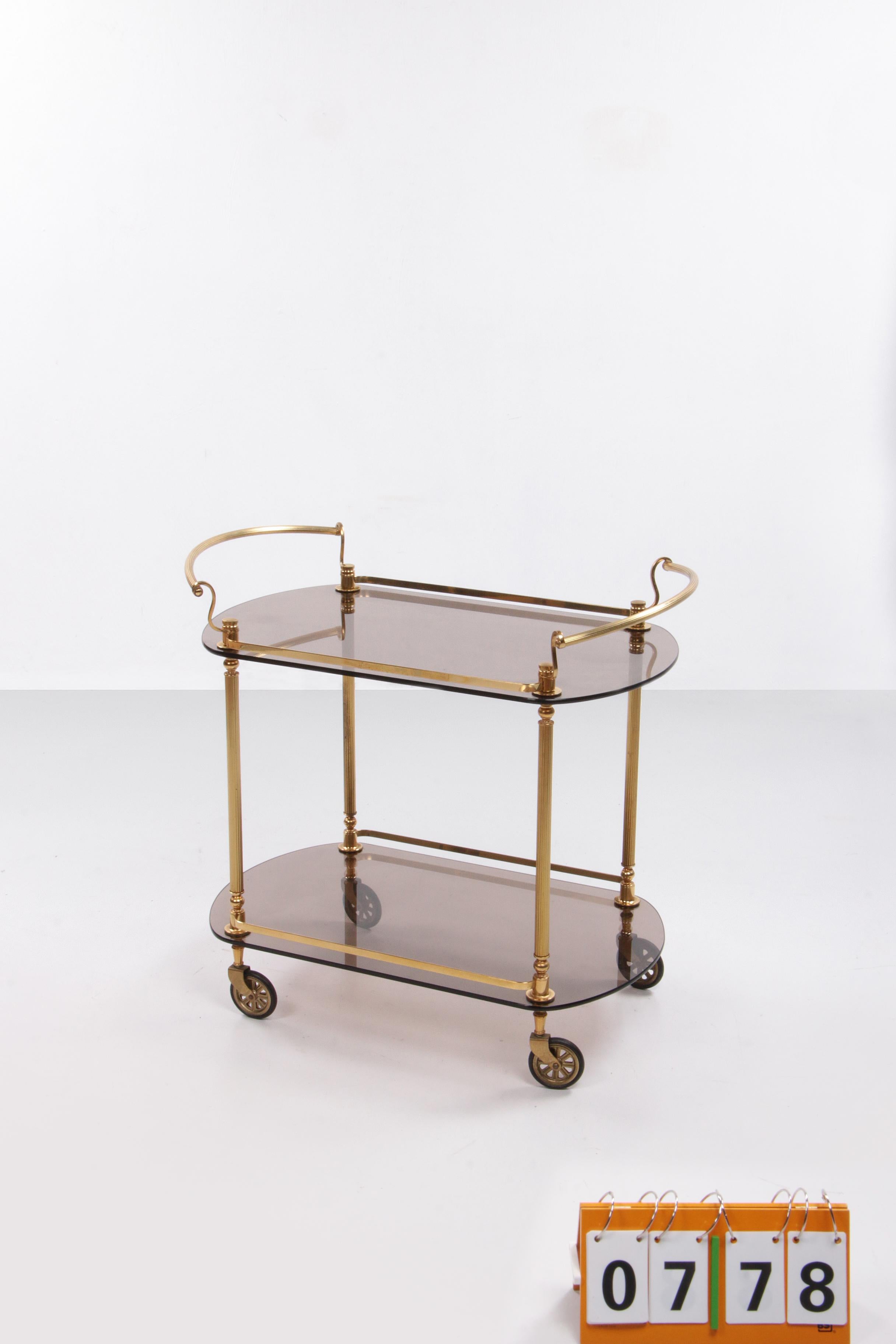 Brass French Trolly Hollywood Regency Style with Smoked Glass 1960s. For Sale