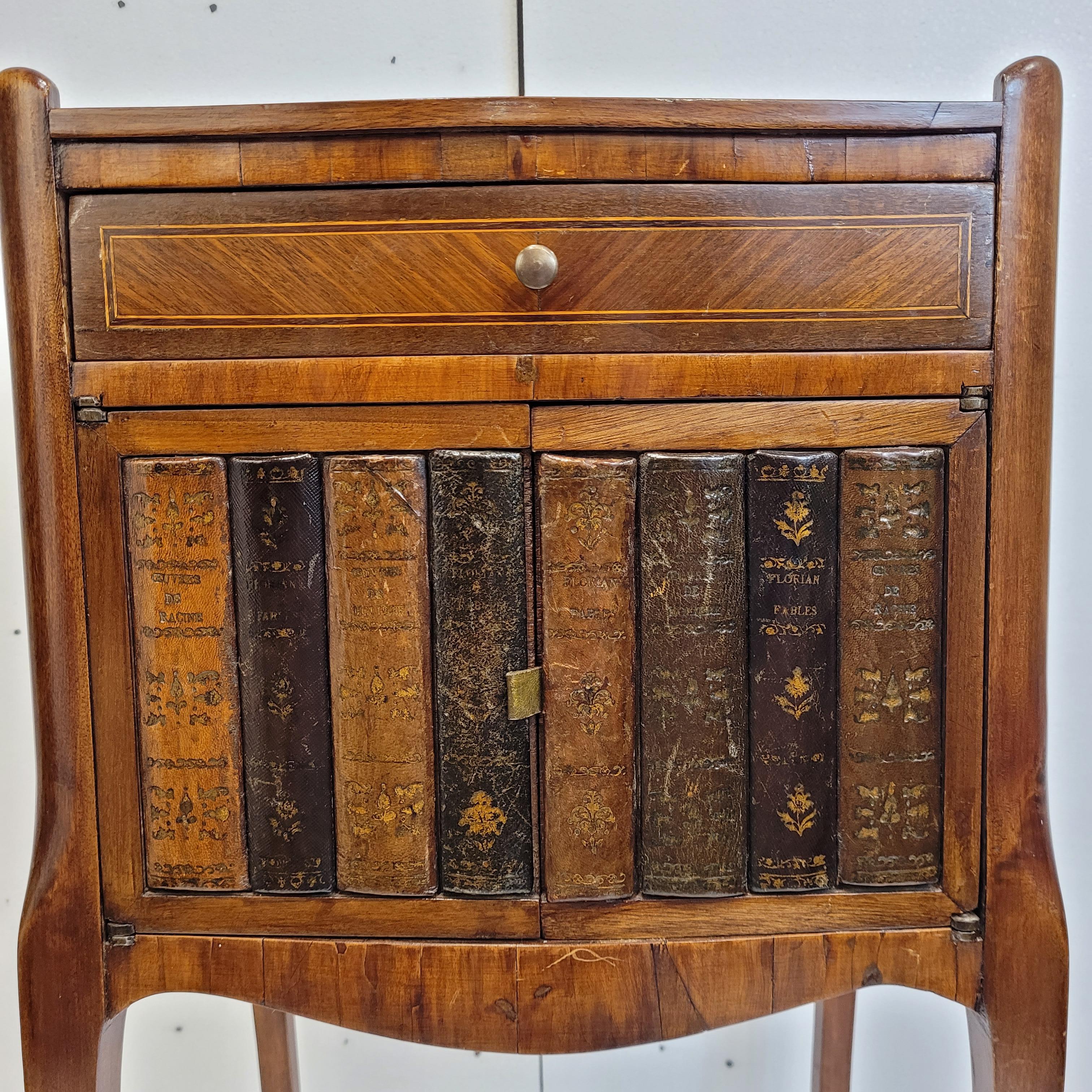 Tavolino francese trompe l'oeil, Napoleone III, legno, intarsi e pelle in vendita 11