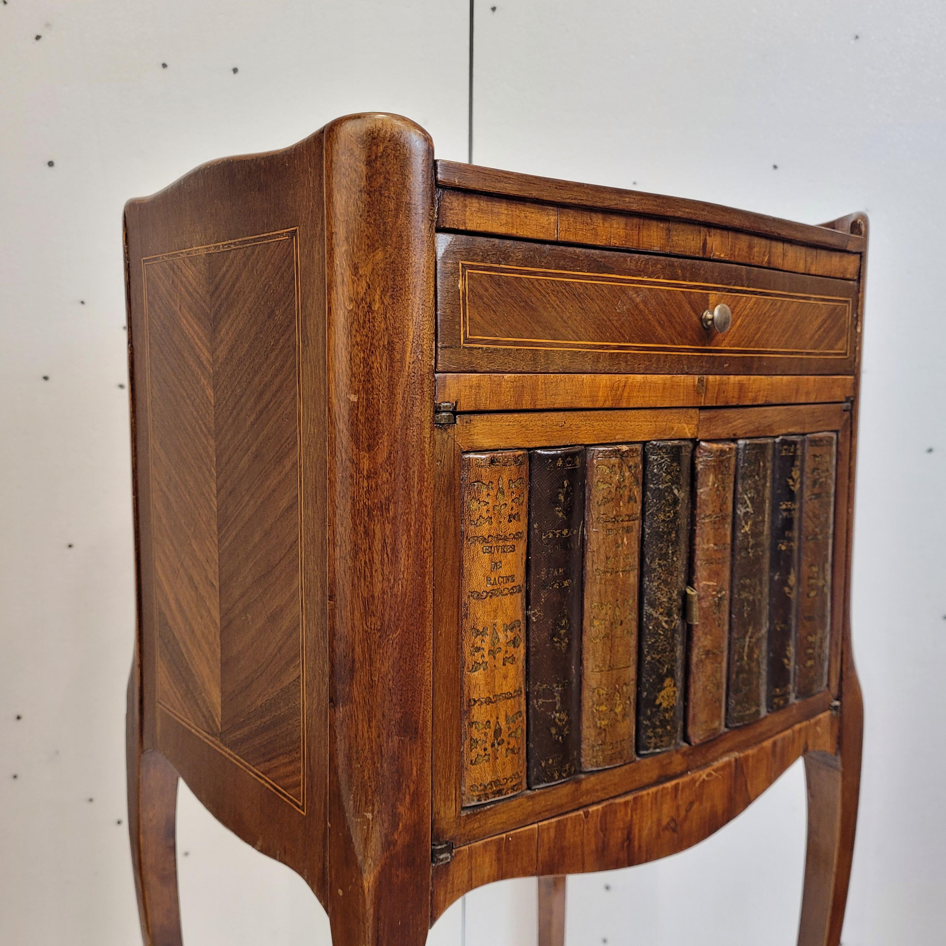 Tavolino francese trompe l'oeil, Napoleone III, legno, intarsi e pelle in vendita 12