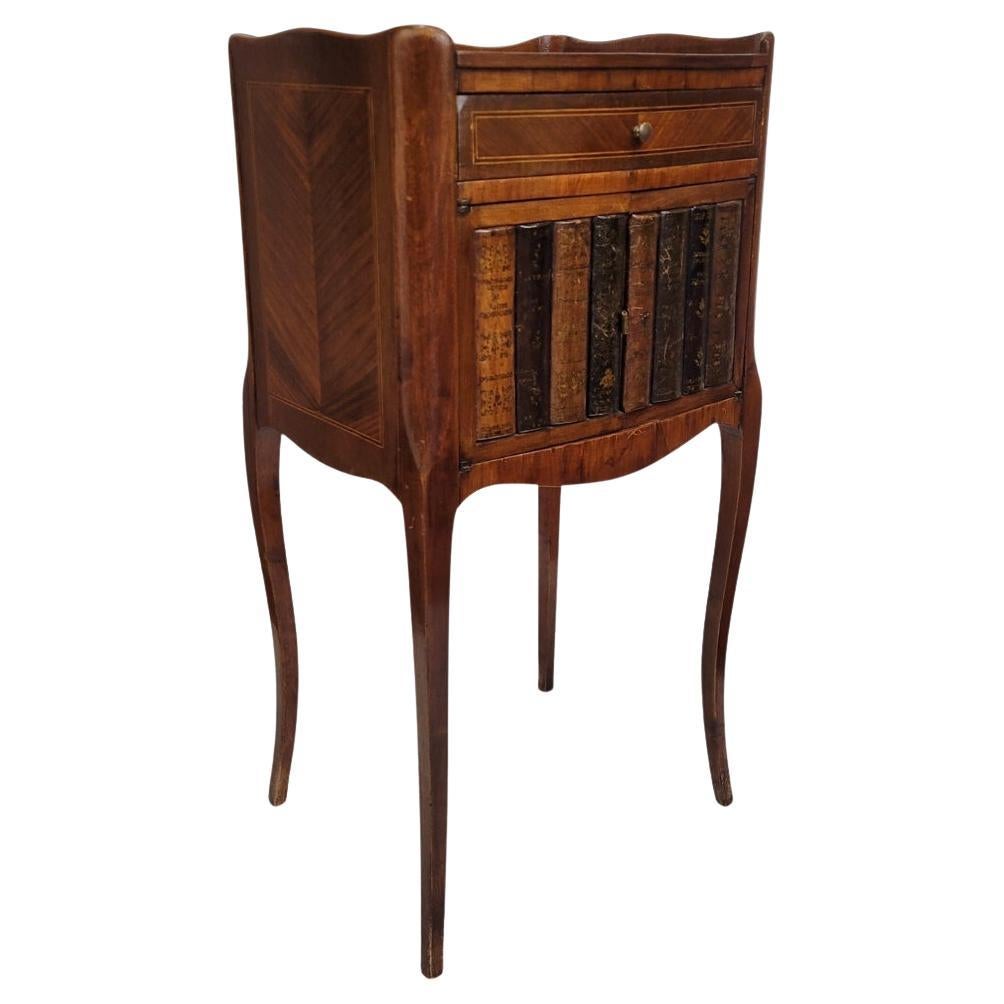French trompe l'oeil book side table, Napoleon III, wood, inlaid and leather