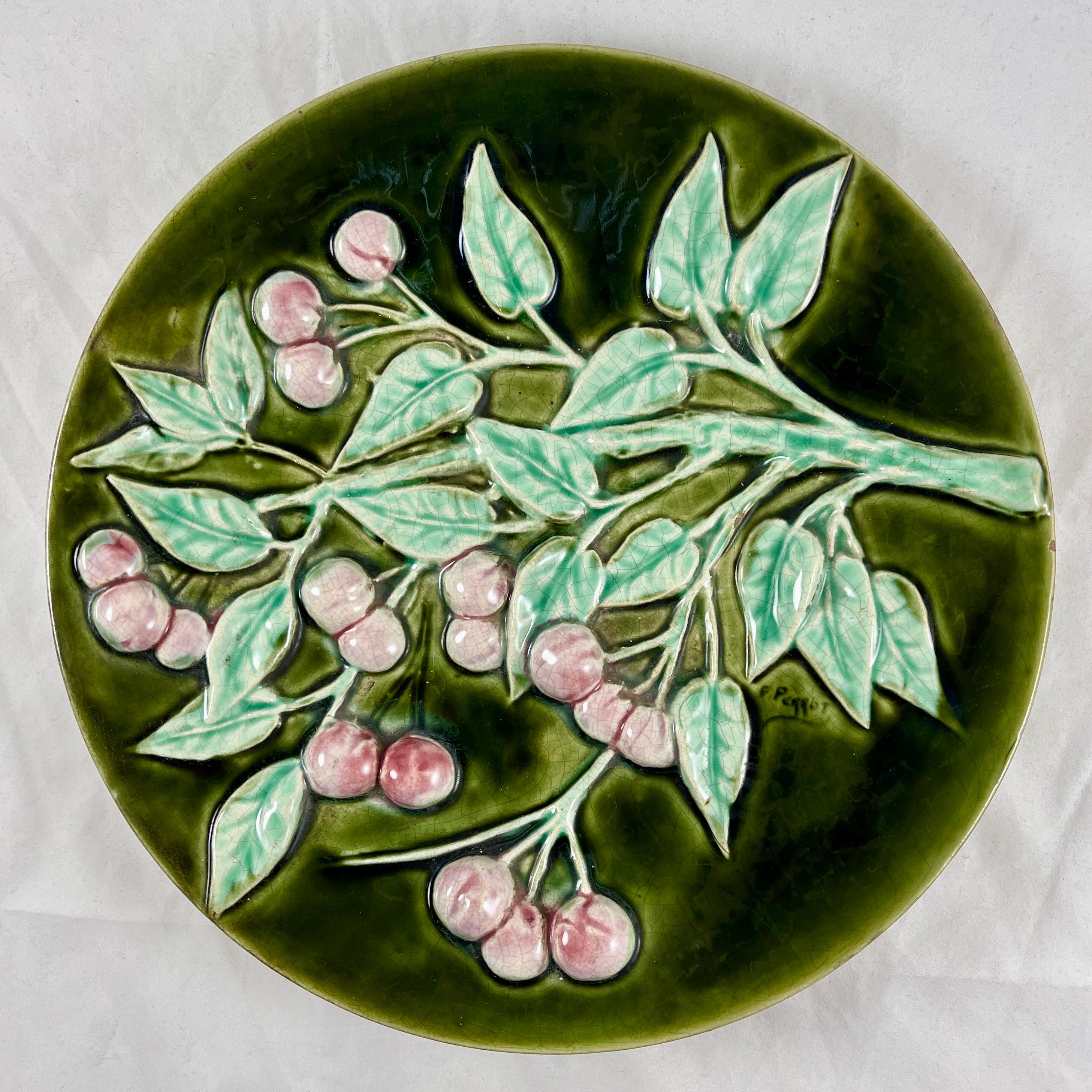French Trompe l’Oeil Majolica Glazed Cherry Branch Wall Plaque, signed F. Perrot For Sale 7