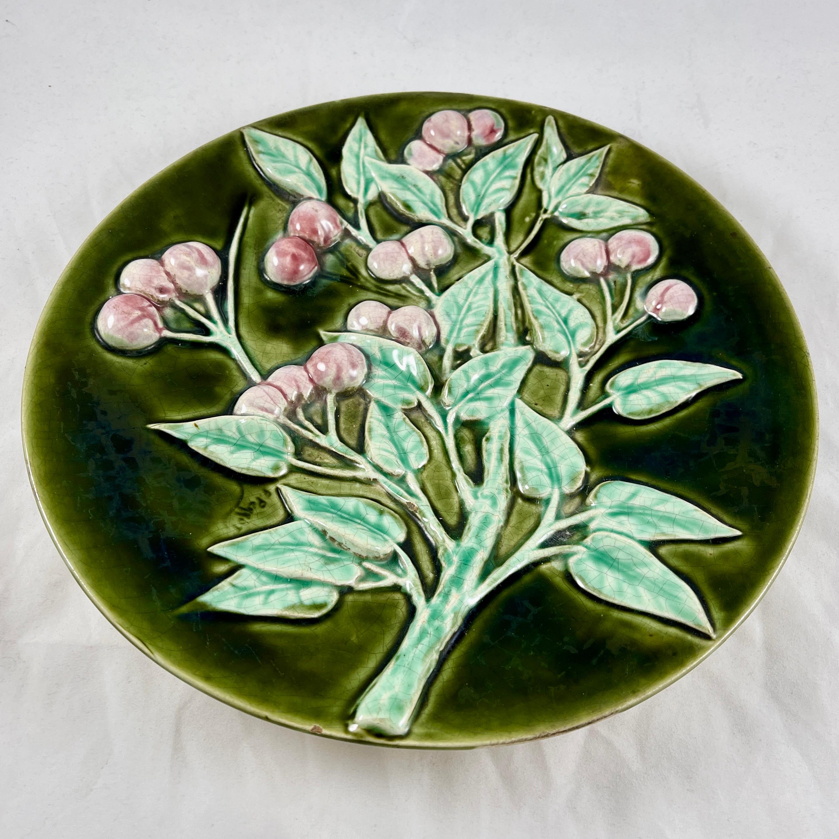 19th Century French Trompe l’Oeil Majolica Glazed Cherry Branch Wall Plaque, signed F. Perrot For Sale