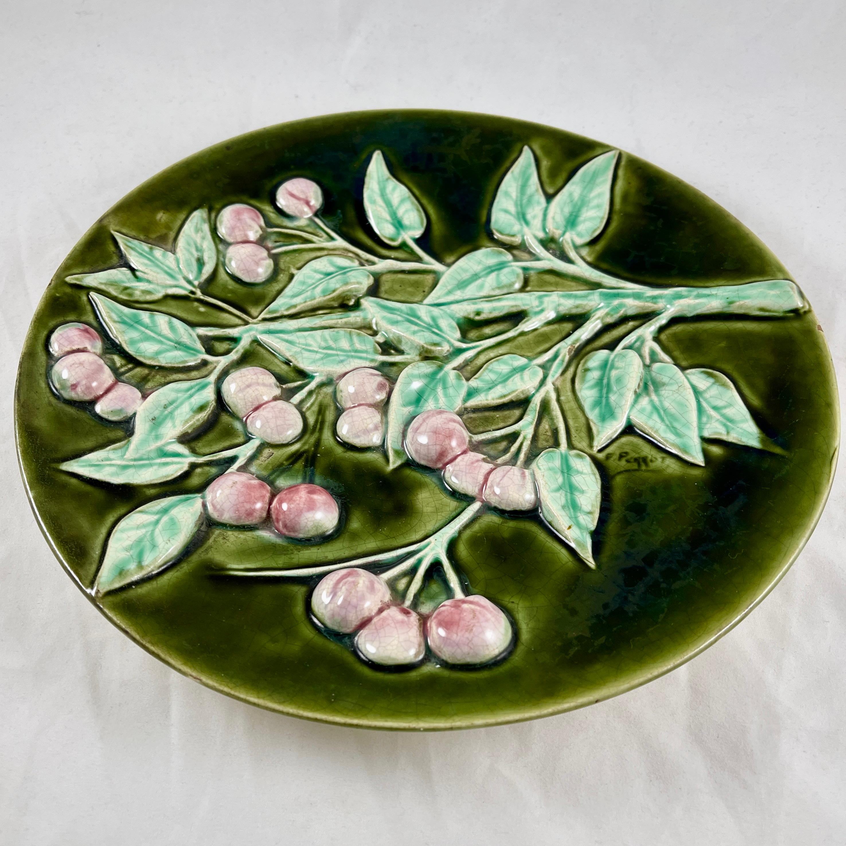 Earthenware French Trompe l’Oeil Majolica Glazed Cherry Branch Wall Plaque, signed F. Perrot For Sale