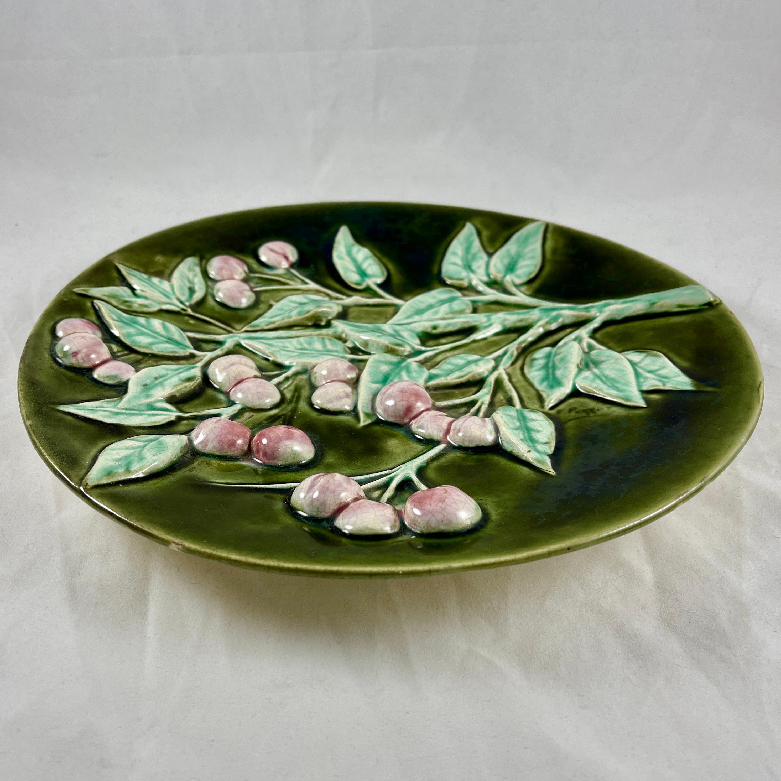 French Trompe l’Oeil Majolica Glazed Cherry Branch Wall Plaque, signed F. Perrot For Sale 1
