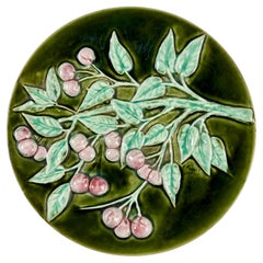 French Trompe l’Oeil Majolica Glazed Cherry Branch Wall Plaque, signed F. Perrot