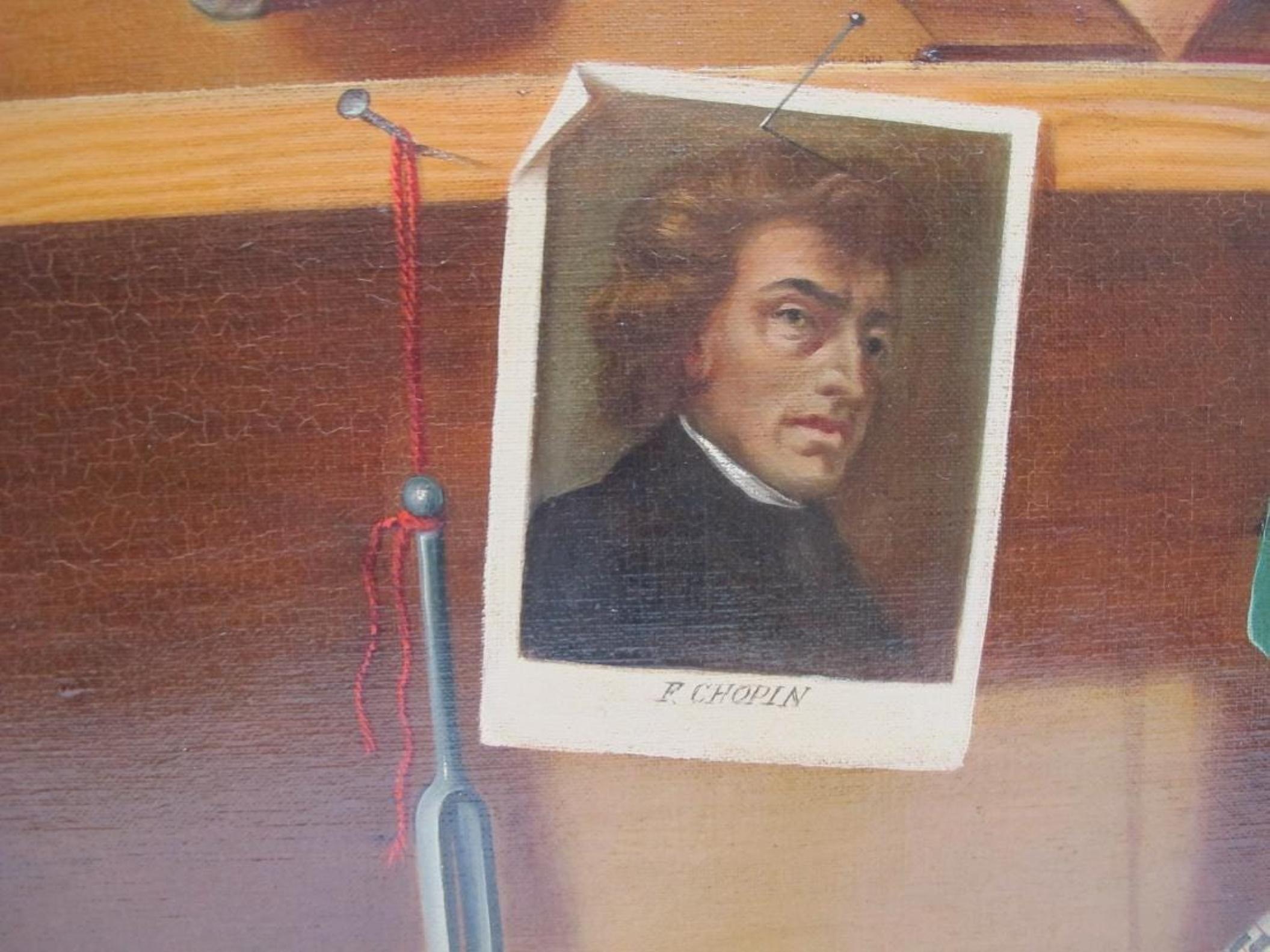Hand-Painted French Trompe L’oeil Painting, Frederic Chopin Musical Theme For Sale