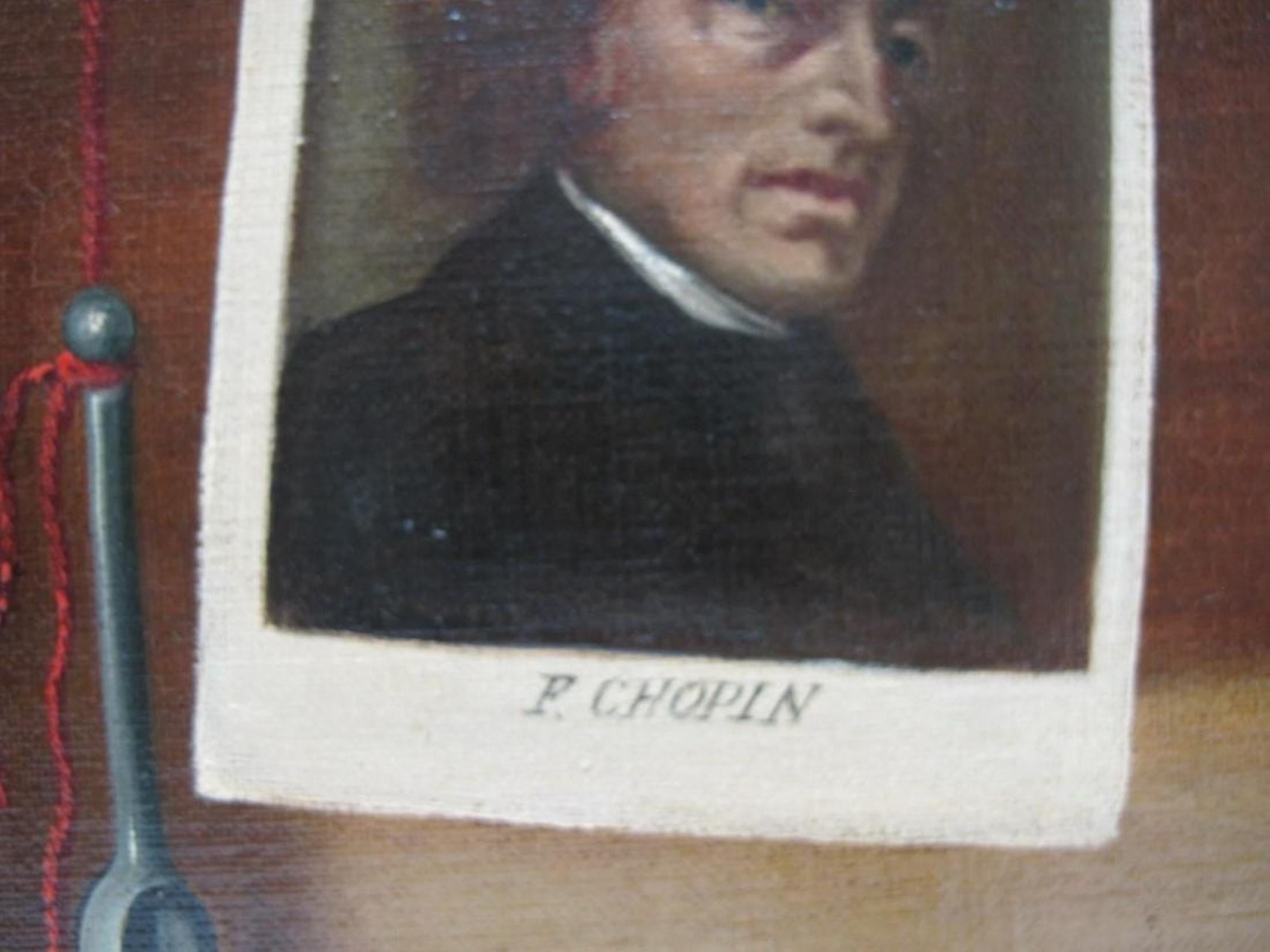 French Trompe L’oeil Painting, Frederic Chopin Musical Theme In Good Condition For Sale In Vero Beach, FL