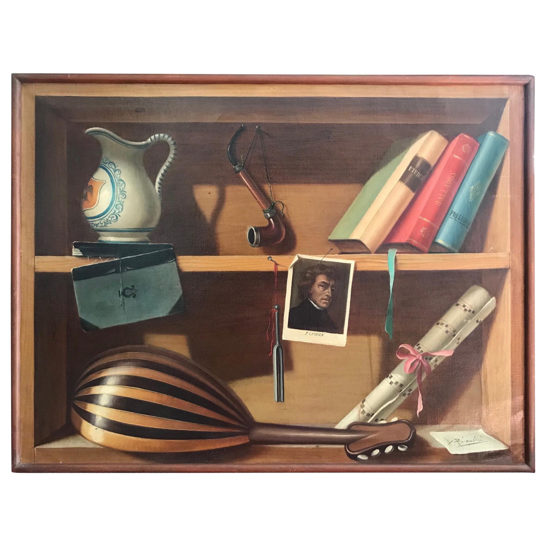 French Trompe L’oeil Painting, Frederic Chopin Musical Theme For Sale