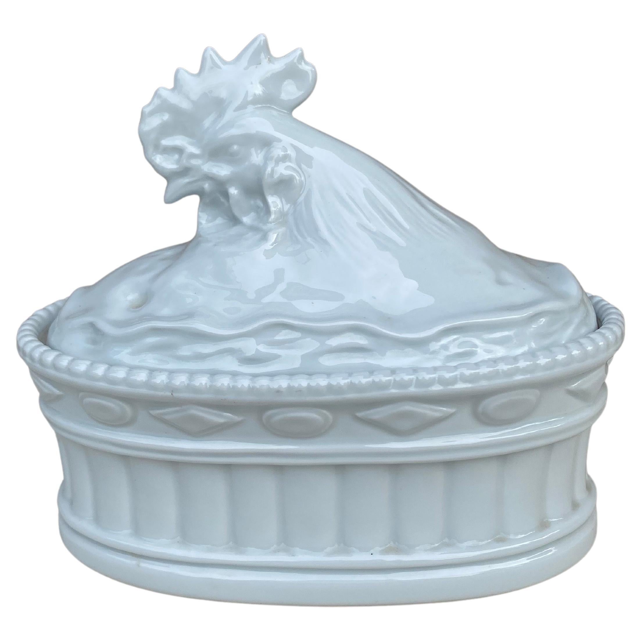 French Trompe L'oeil White Porcelain Rooster Pâté Tureen For Sale
