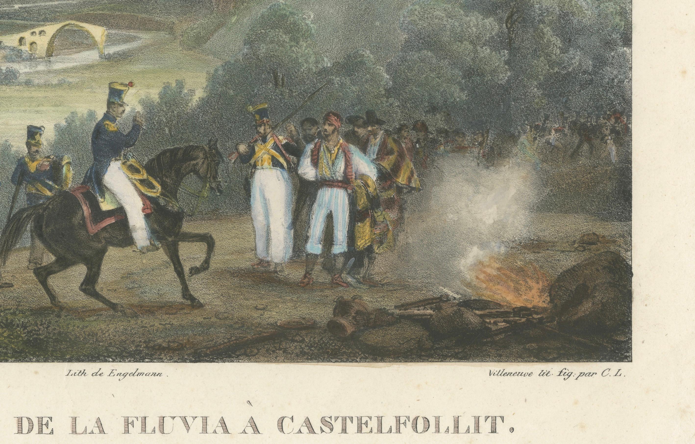 Engraved French Troops at the Fluvia Valley, Castellfollit - Napoleonic Wars Lithograph For Sale