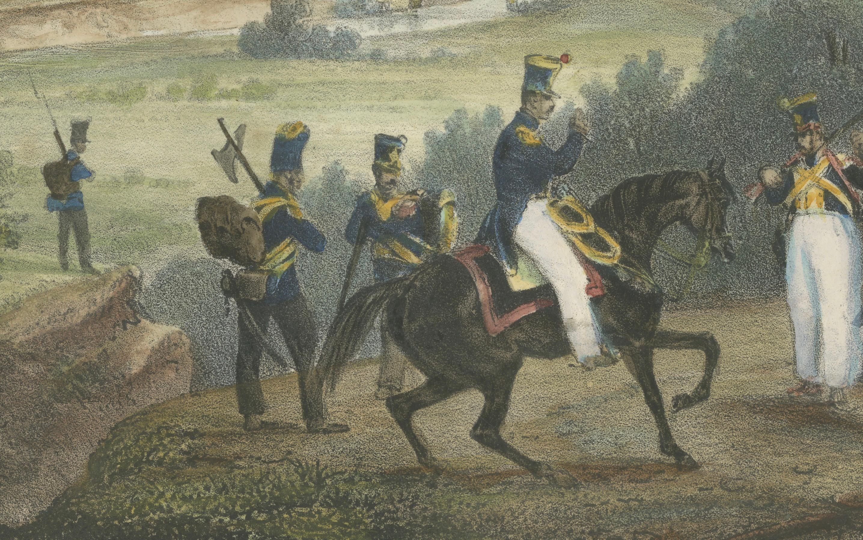French Troops at the Fluvia Valley, Castellfollit - Napoleonic Wars Lithograph In Good Condition For Sale In Langweer, NL