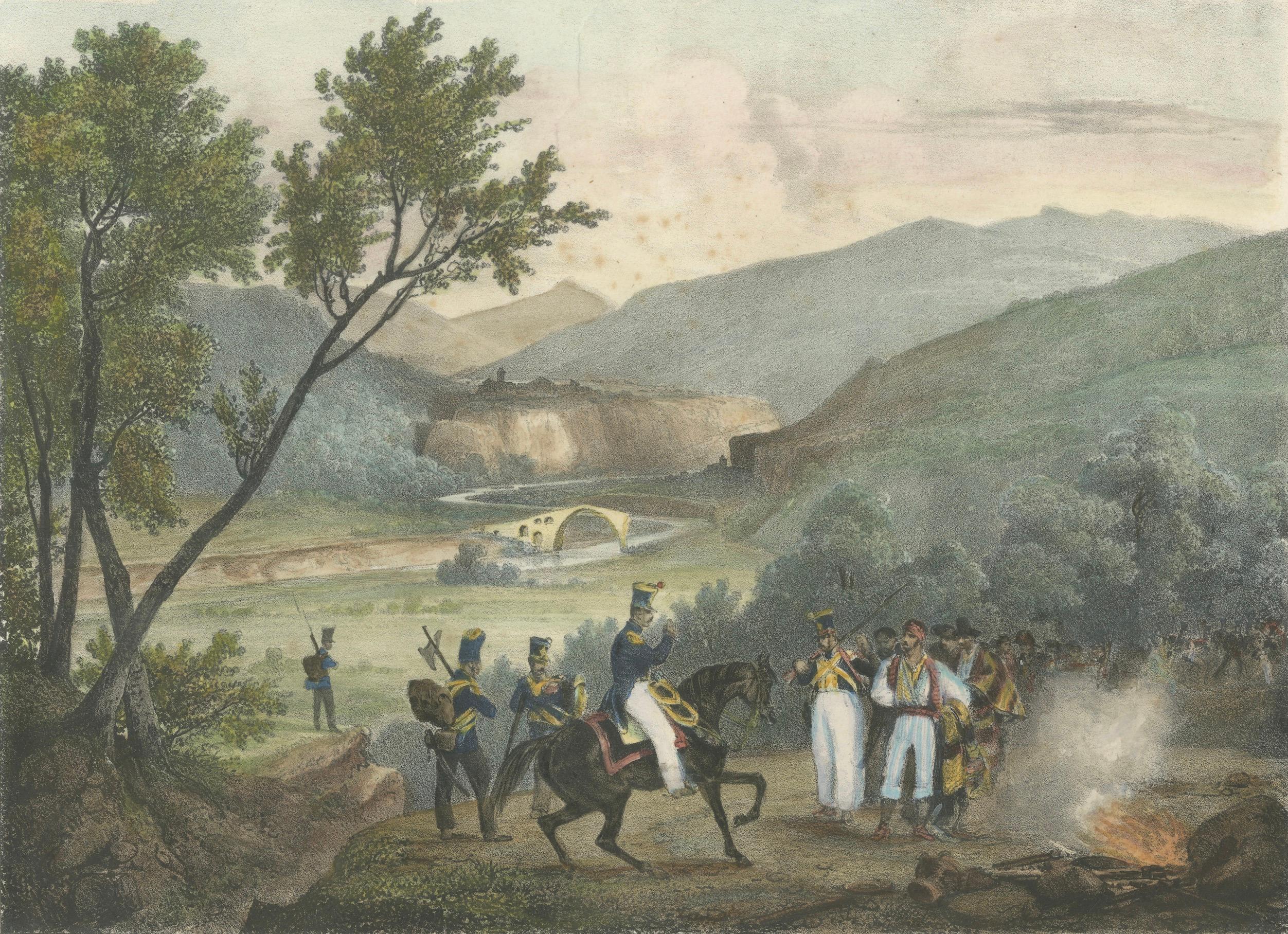 Mid-19th Century French Troops at the Fluvia Valley, Castellfollit - Napoleonic Wars Lithograph For Sale