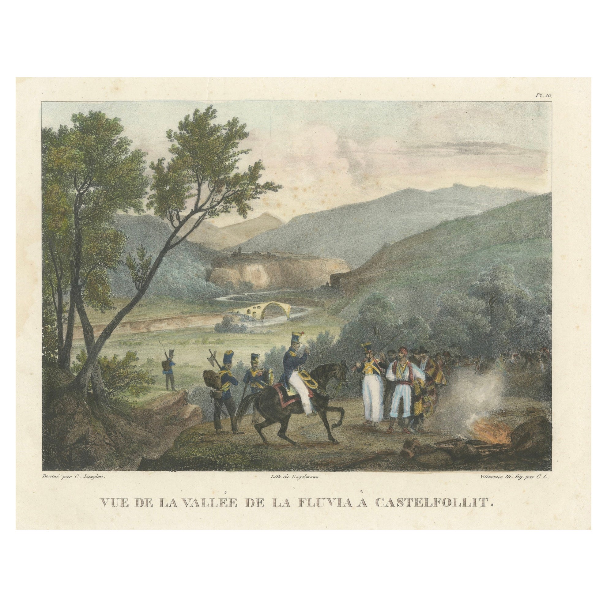 Les troupes françaises de la vallée de Fluvia, Castellfollit - Lithographie des guerres napoléoniennes