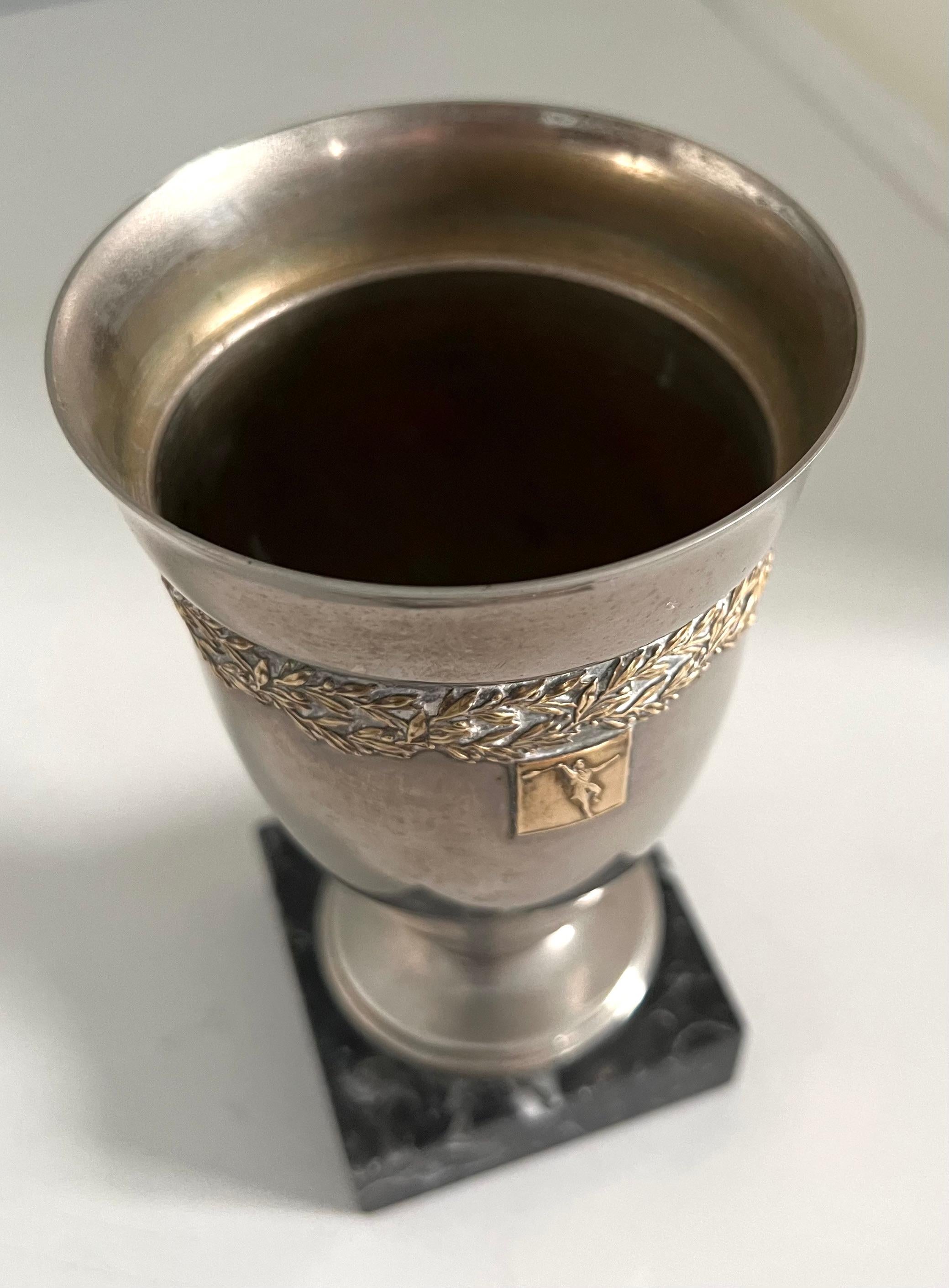 Polished French Trophy Style Cup on Marble Base For Sale