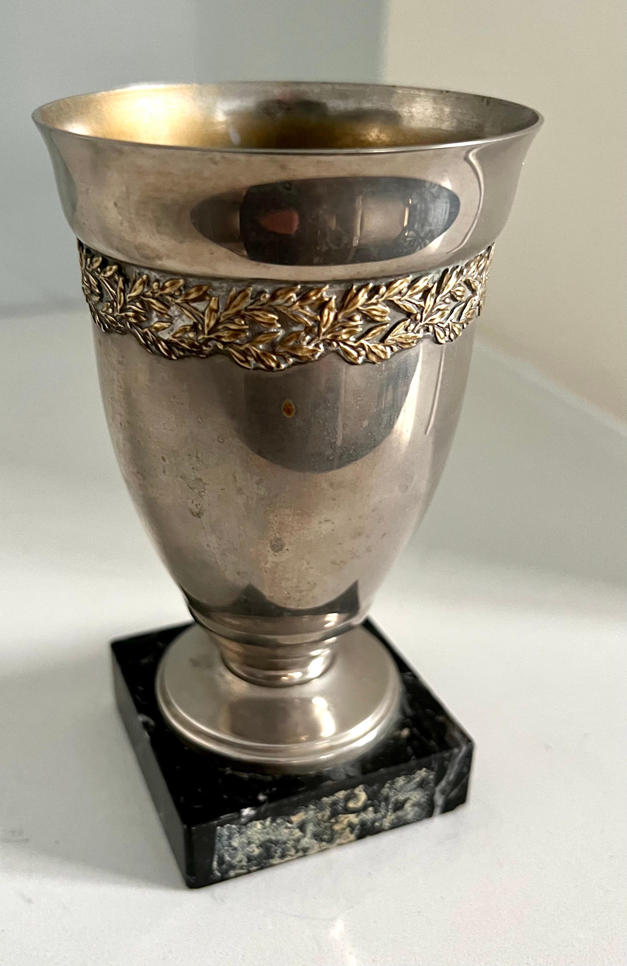 Silver Plate French Trophy Style Cup on Marble Base For Sale