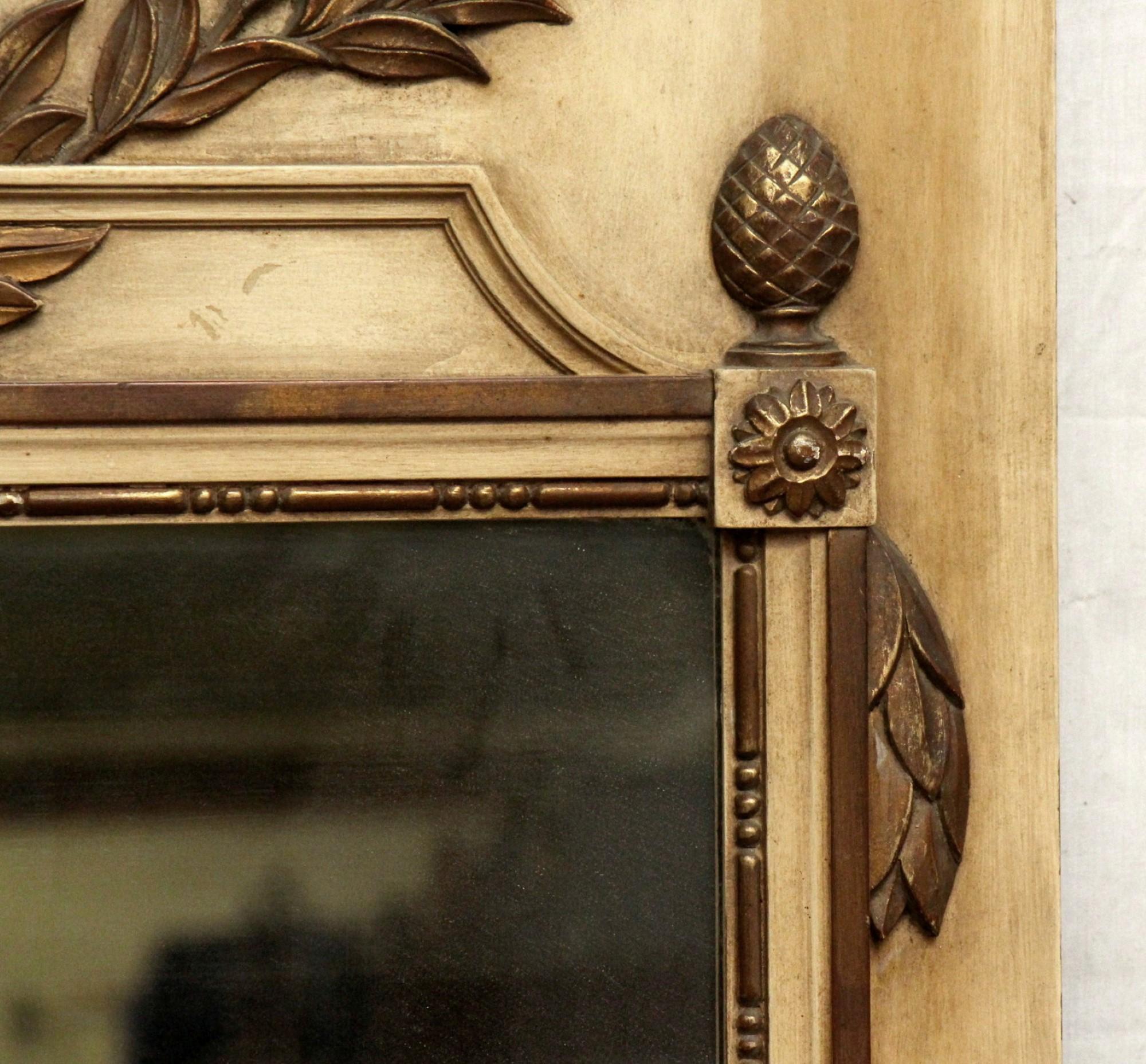 20th Century French Trumeau Carved Wood Over Mantel Mirror w/ Gold Gilded Tassel, Leaf & Urn