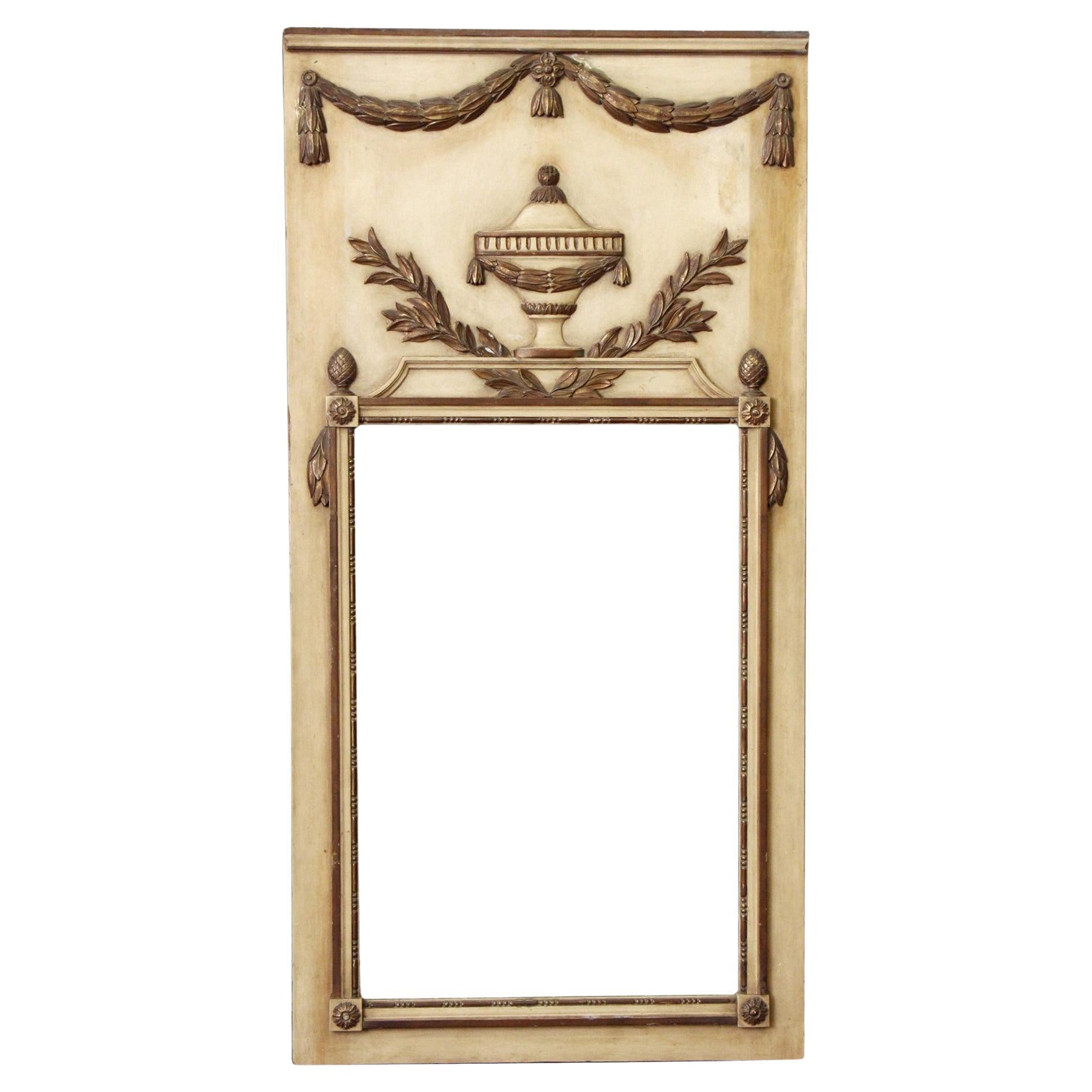French Trumeau Carved Wood Over Mantel Mirror w/ Gold Gilded Tassel, Leaf & Urn