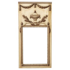 French Trumeau Carved Wood Over Mantel Mirror w/ Gold Gilded Tassel, Leaf & Urn