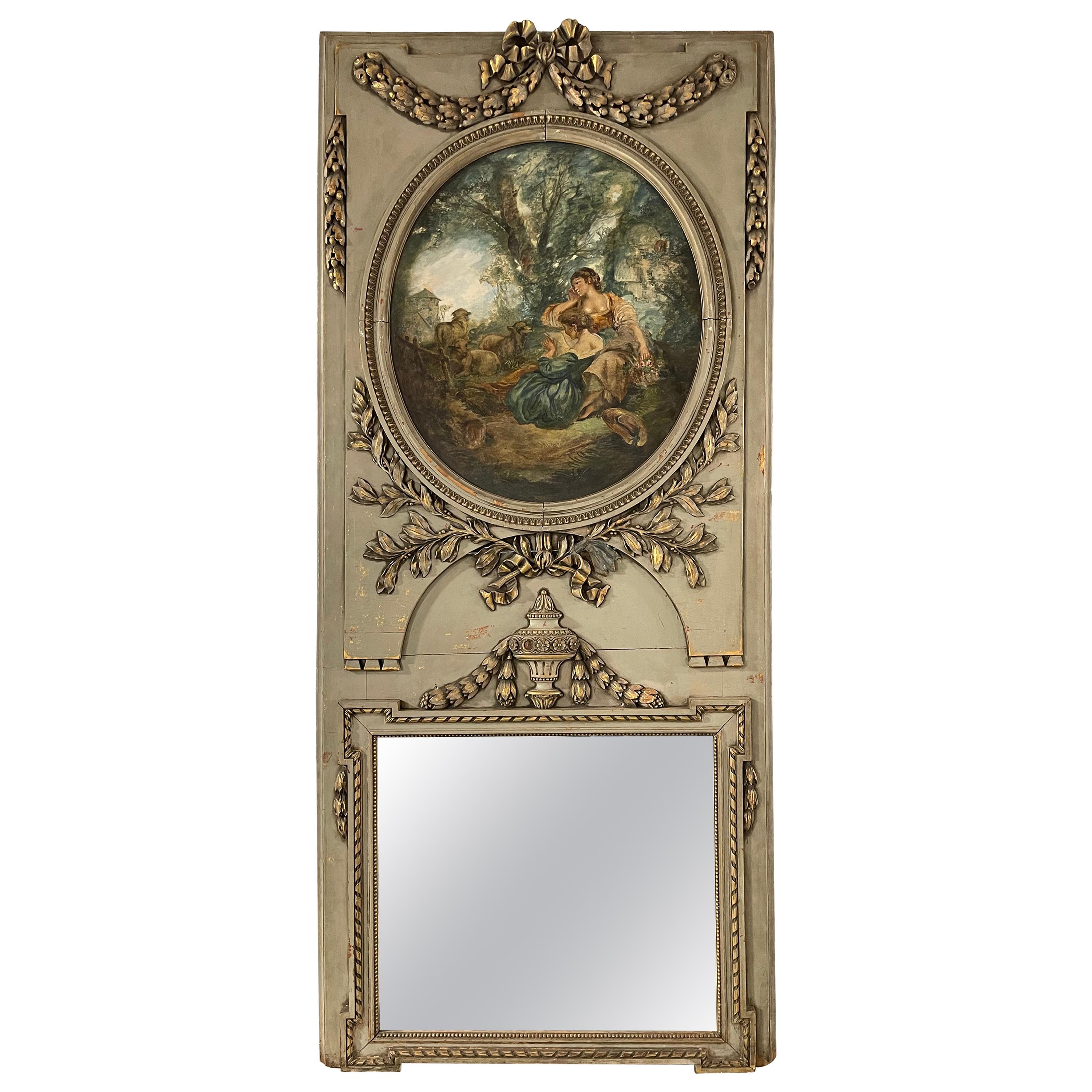 Miroir français en bois vert Trumeau et doré avec une scène peinte, 19ème siècle