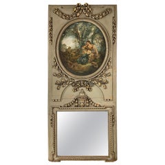 French Trumeau Green and Giltwood Mirror with a Painted Scene, 19th Century