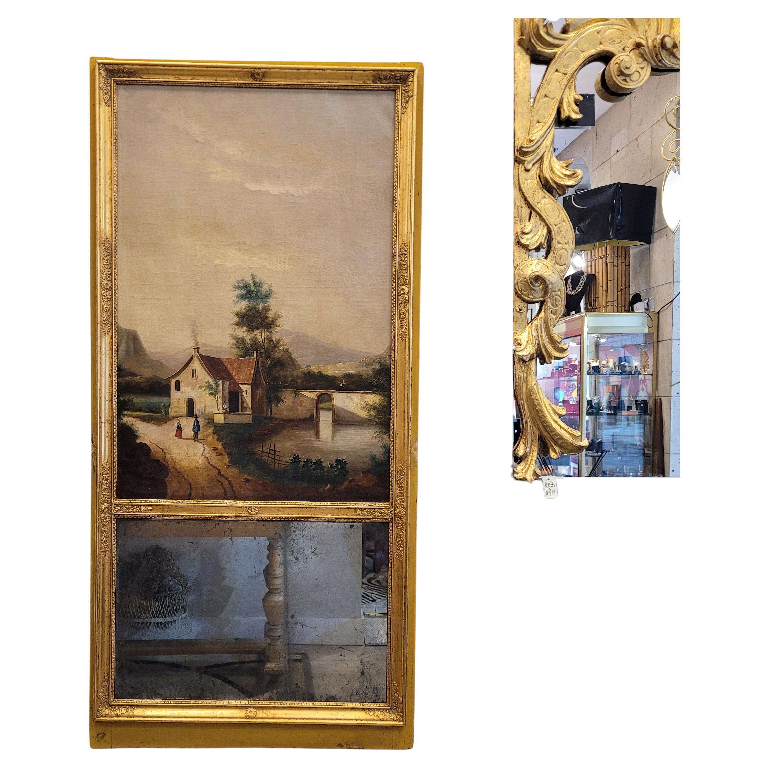 Gorgeous and unique  French trumeau, late 18th century, baroque.
These mirrors were very characteristic for placing in the upper space of the fireplace, they usually had a top with some painting in the style of the time or panels carved in high
