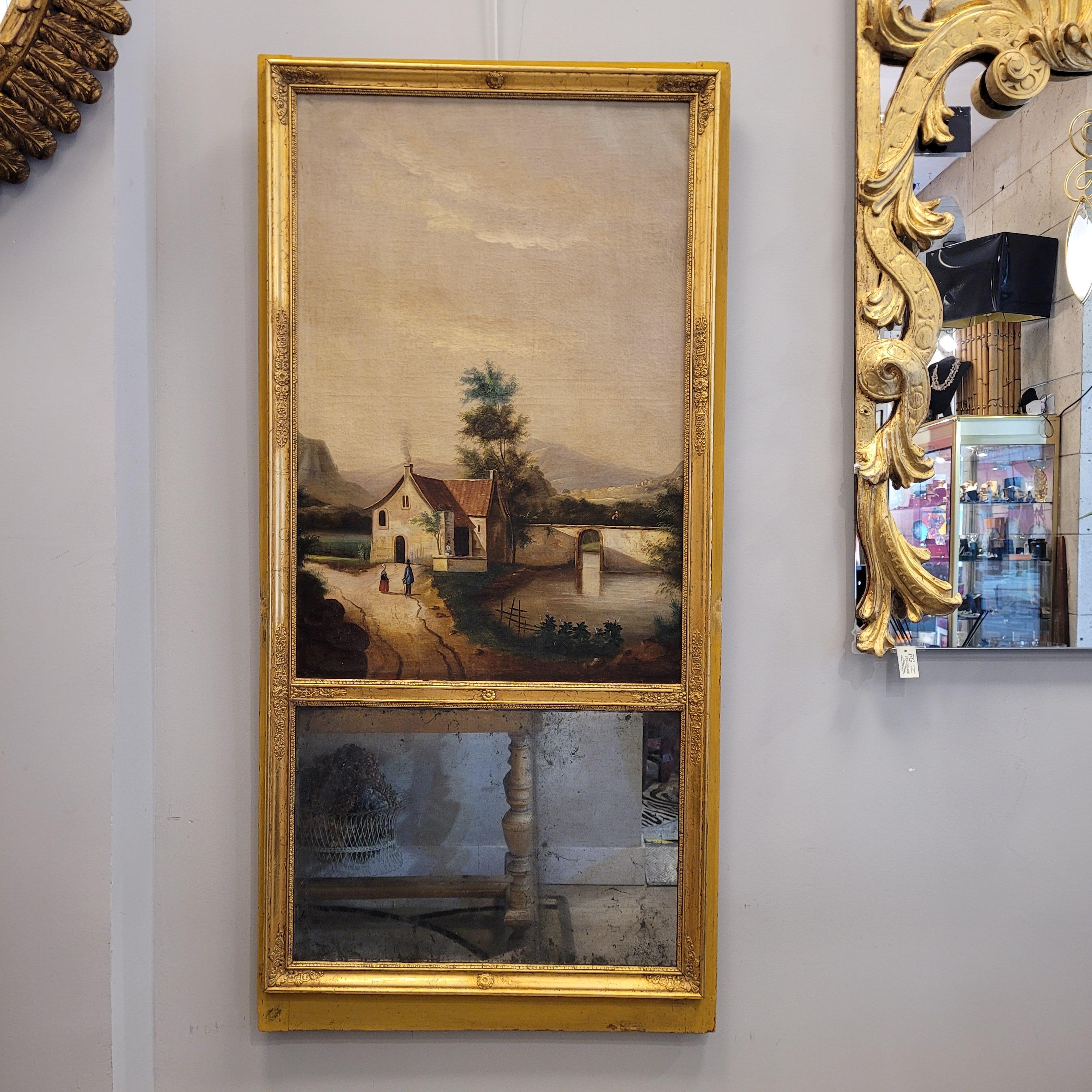 Baroque French trumeau mirror and baroque painting in a gilded frame