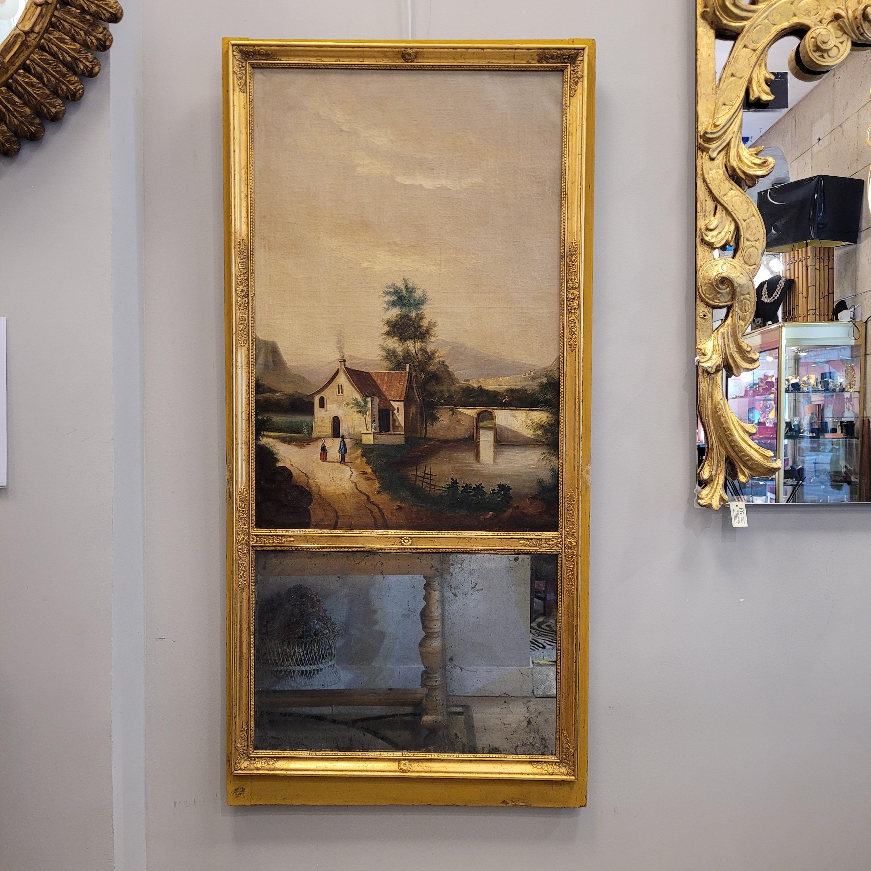 Hand-Painted French trumeau mirror and baroque painting in a gilded frame