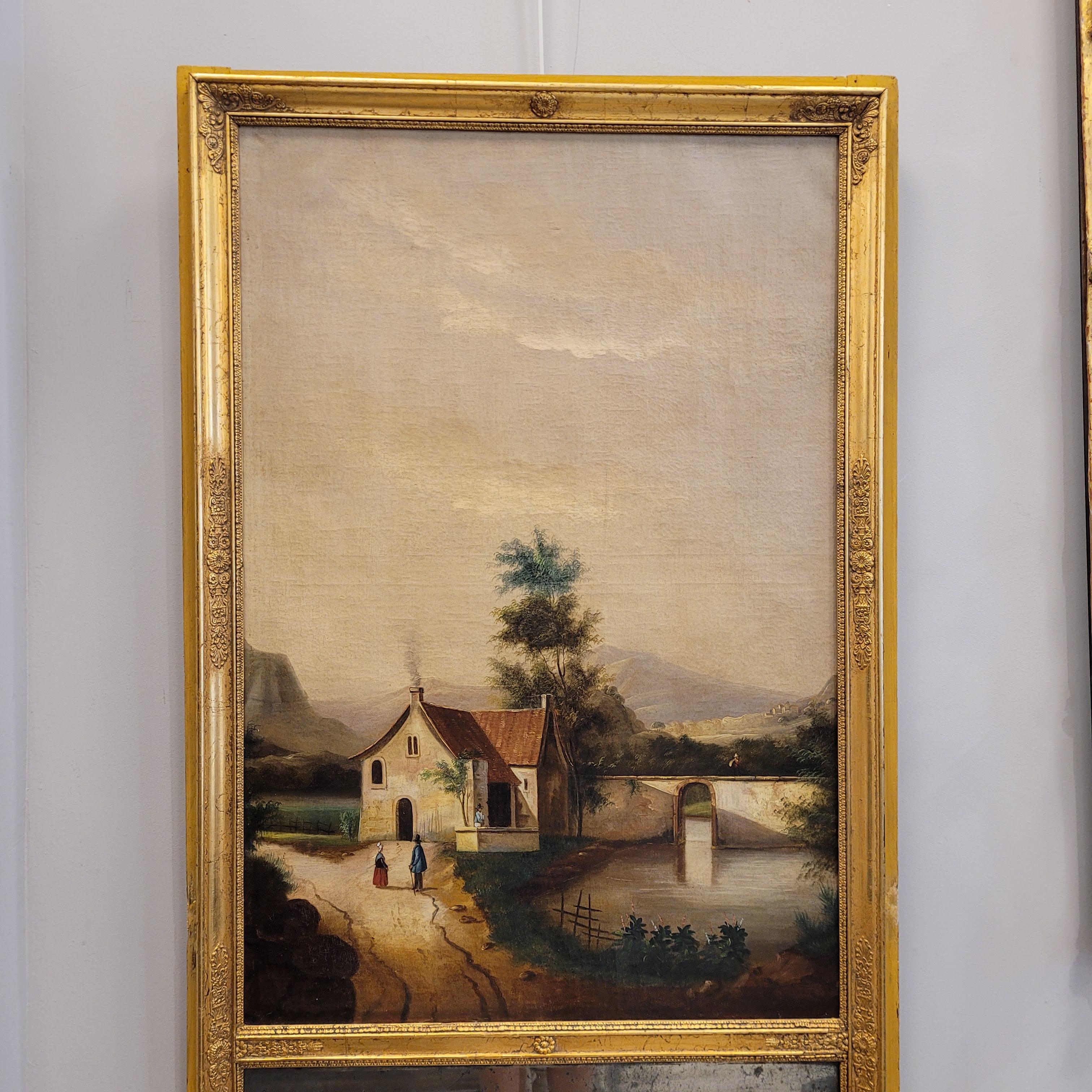 French trumeau mirror and baroque painting in a gilded frame In Good Condition In Valladolid, ES