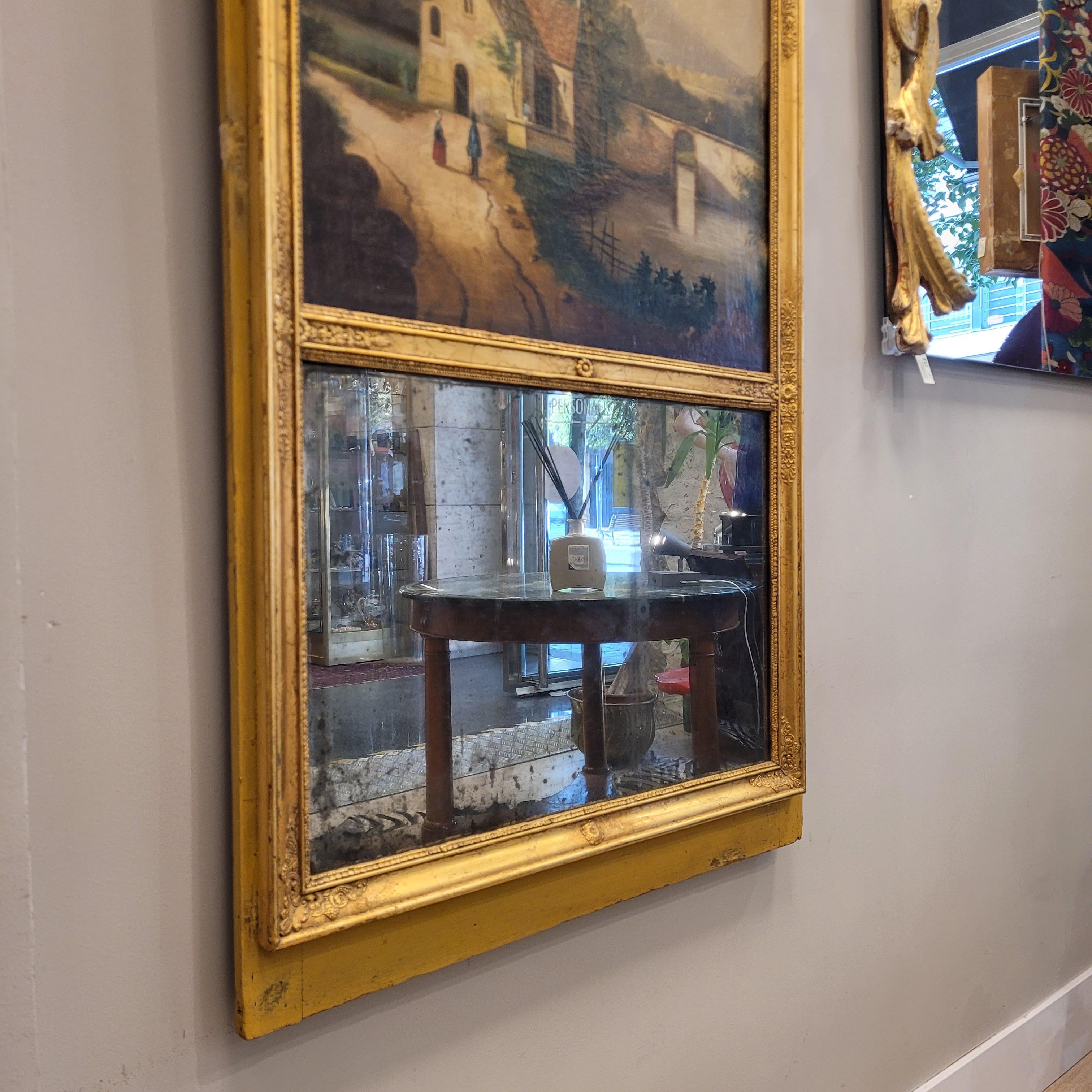 Crystal French trumeau mirror and baroque painting in a gilded frame