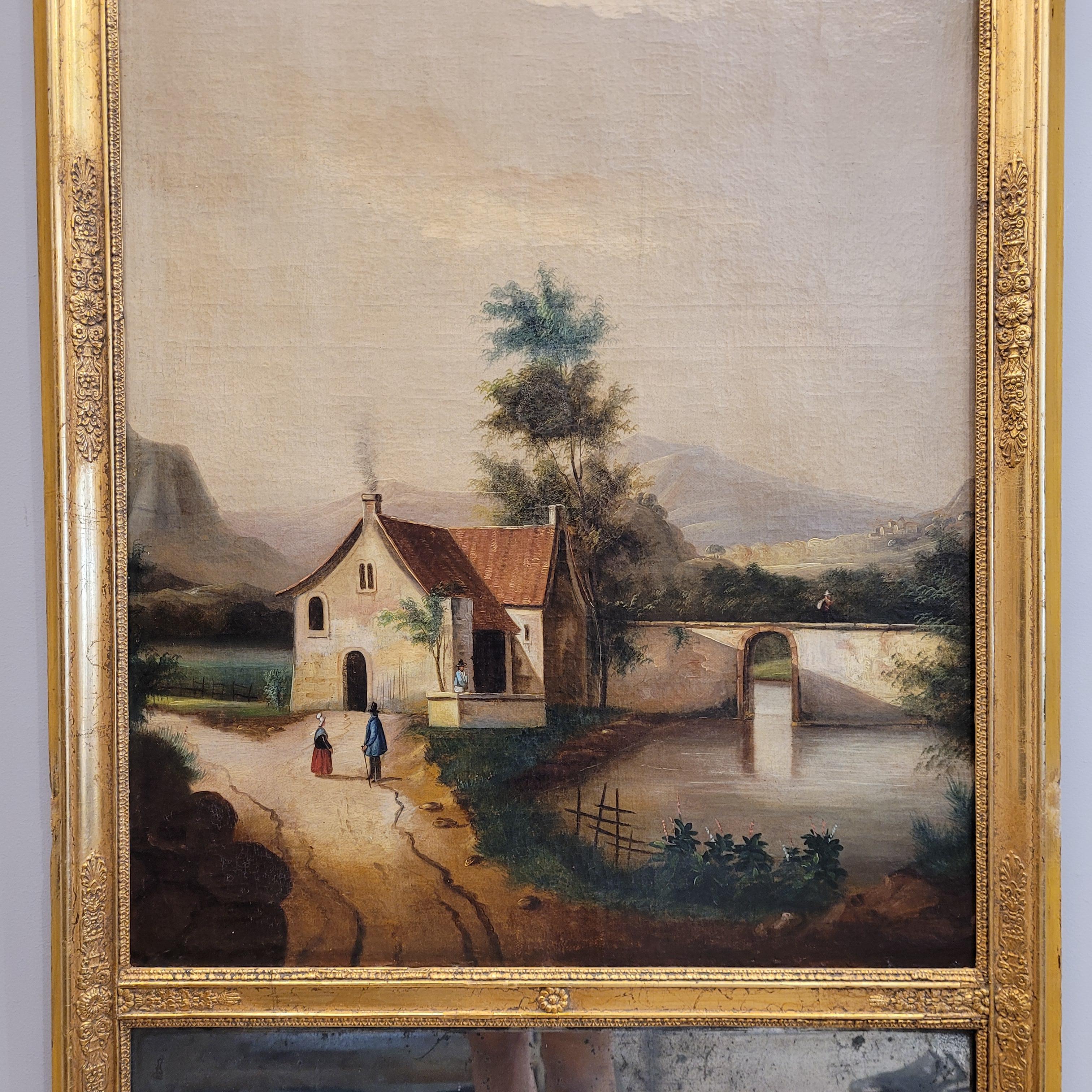 French trumeau mirror and baroque painting in a gilded frame 1