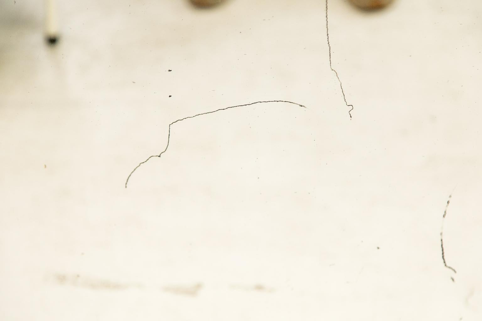 Questo specchio Trumeau ha uno sfondo verde/beige con riflessi dorati. La parte superiore presenta un cartiglio che raffigura dei bambini che pestano l'uva per fare il vino, incorniciato da una corona con bacche e nastri. Ci sono alcune macchie