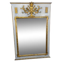 French Trumeau Mirror in Light Grey/Blue with Gold Center Urn